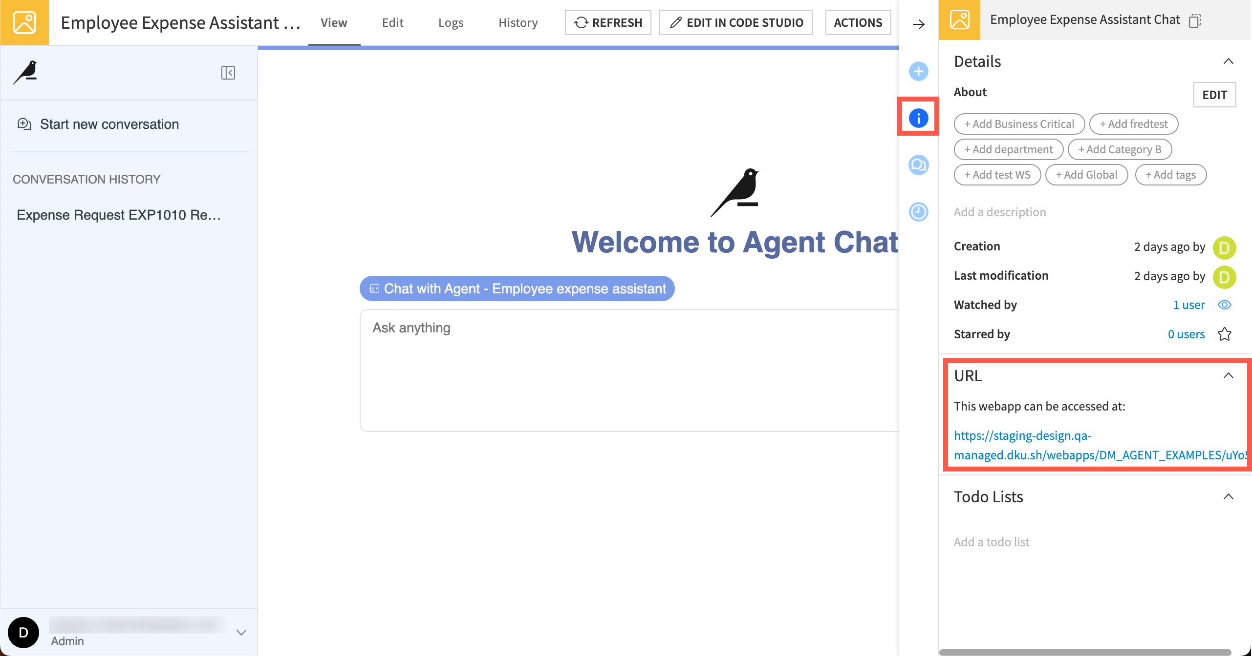 Dataiku screenshot showing the shareable URL for the webapp.