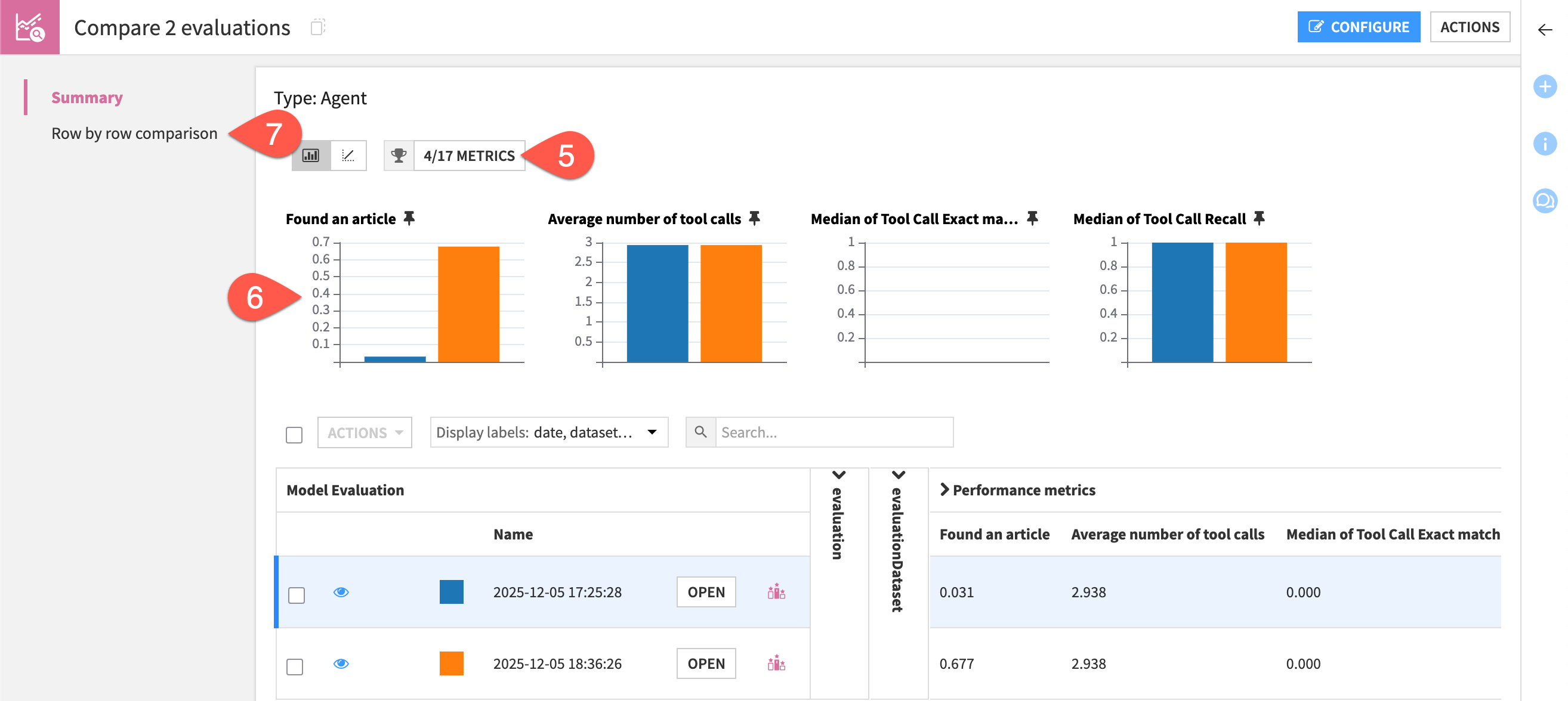 Dataiku screenshot of the dialog for an agent evaluation comparison.