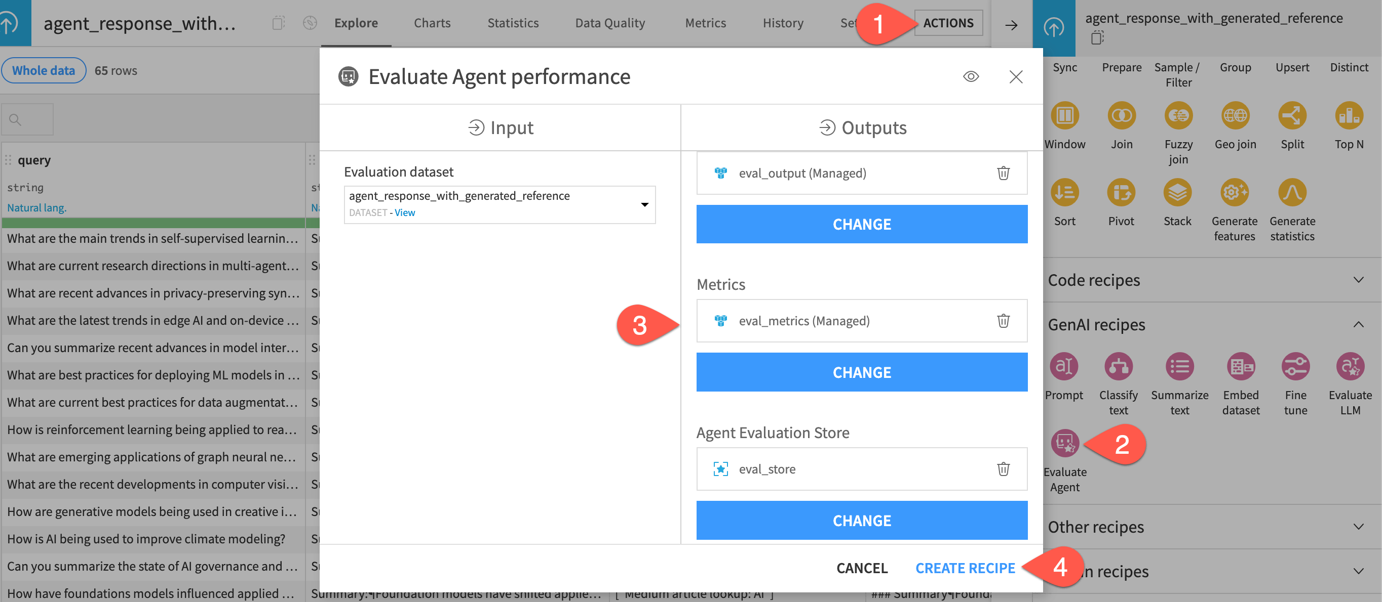 Dataiku screenshot of the dialog to create an agent evaluation recipe.