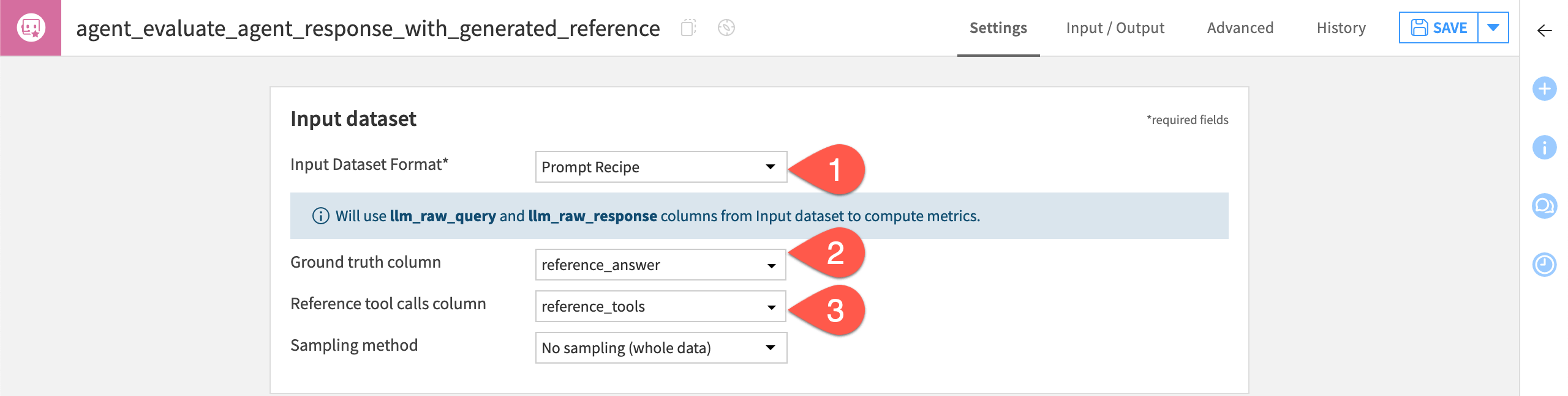Dataiku screenshot of the input dataset tile of an Evaluate Agent recipe.