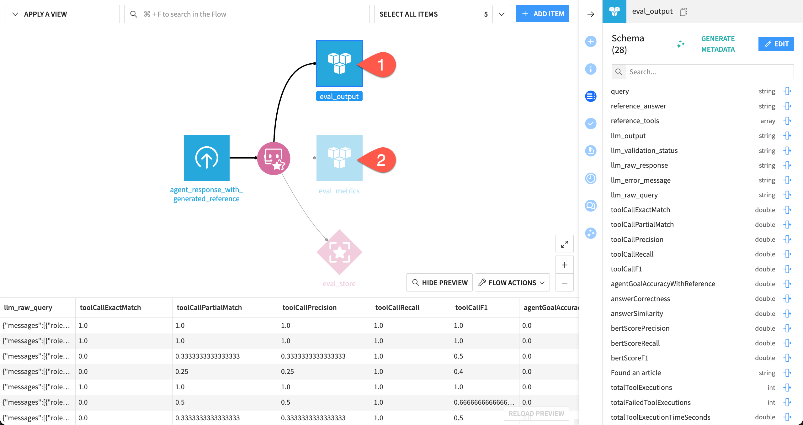 Dataiku screenshot of the output datasets to an Evaluate Agent recipe.