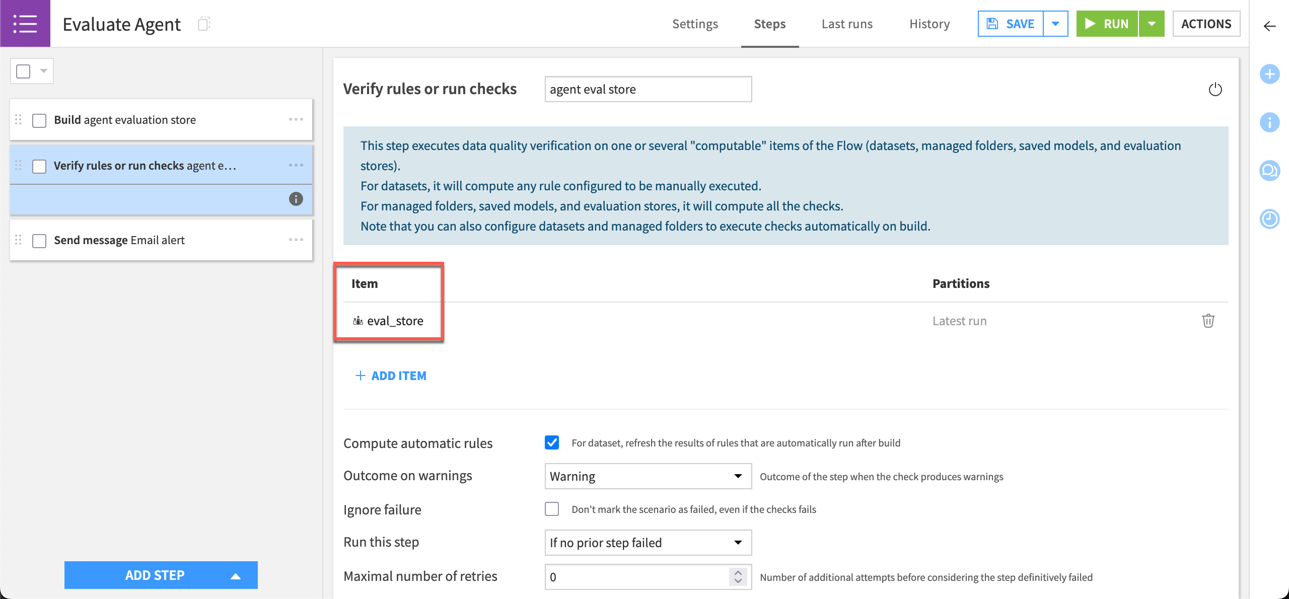 Dataiku screenshot of a scenario for running a check after building an evaluation store.