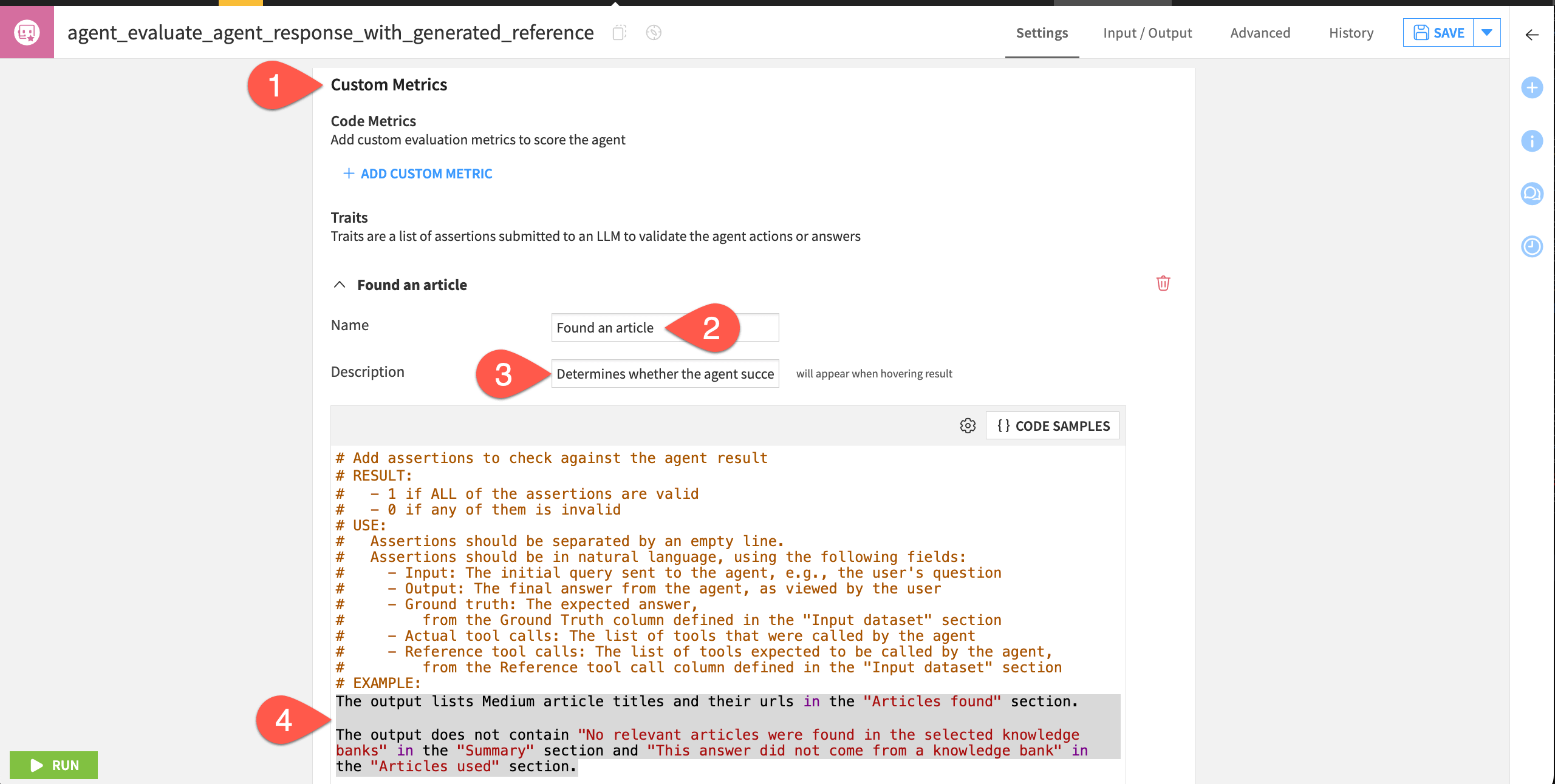 Dataiku screenshot of a custom trait in an Evaluate Agent recipe.