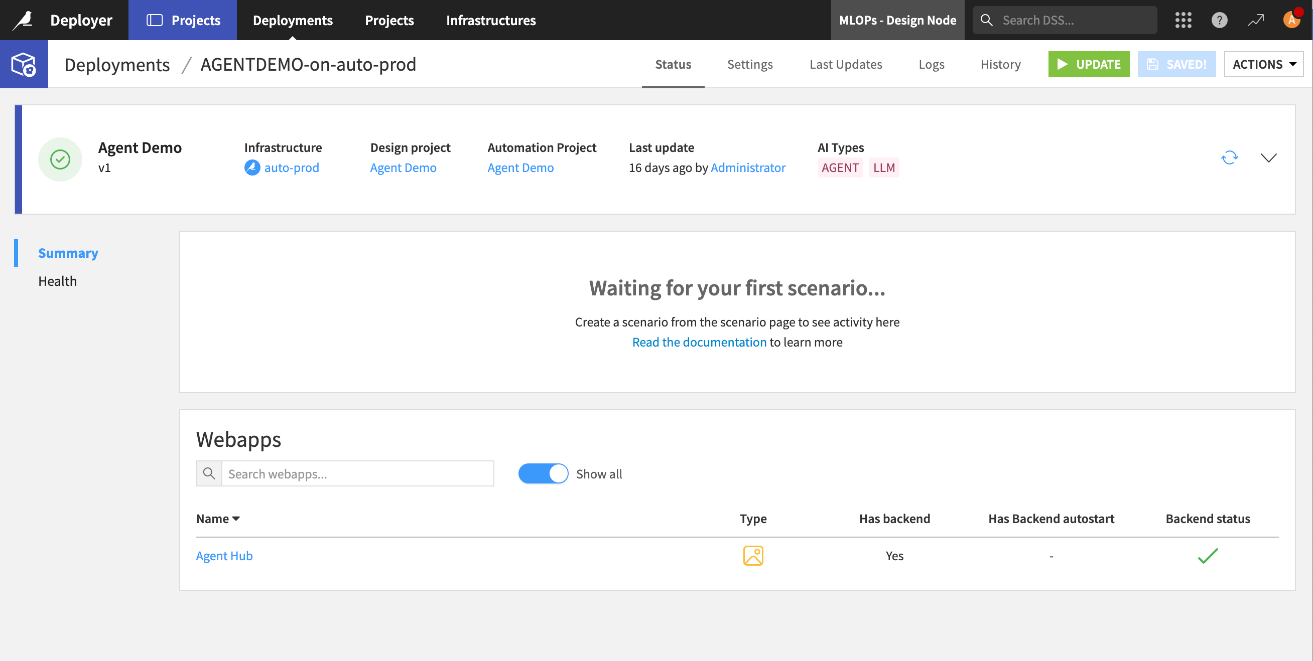 Dataiku screenshot showing a deployed agentic project.