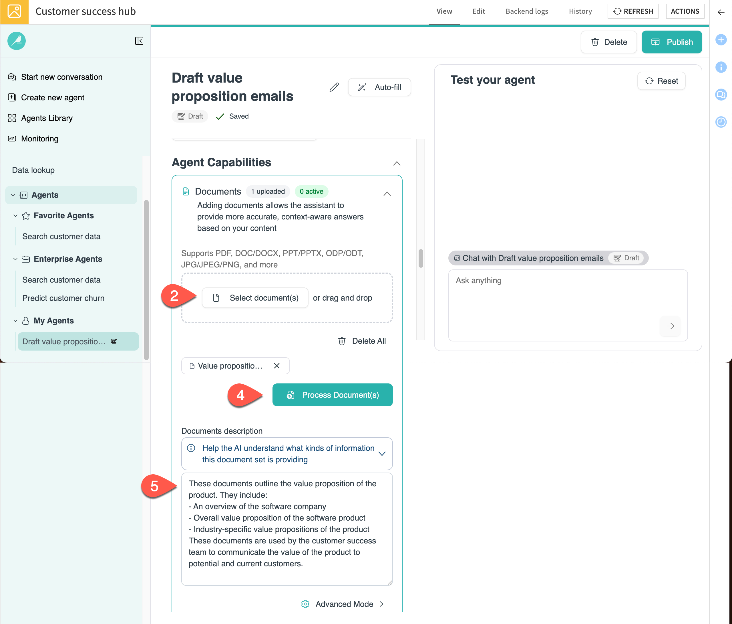 Screenshot showing steps to add documents to a My Agent.