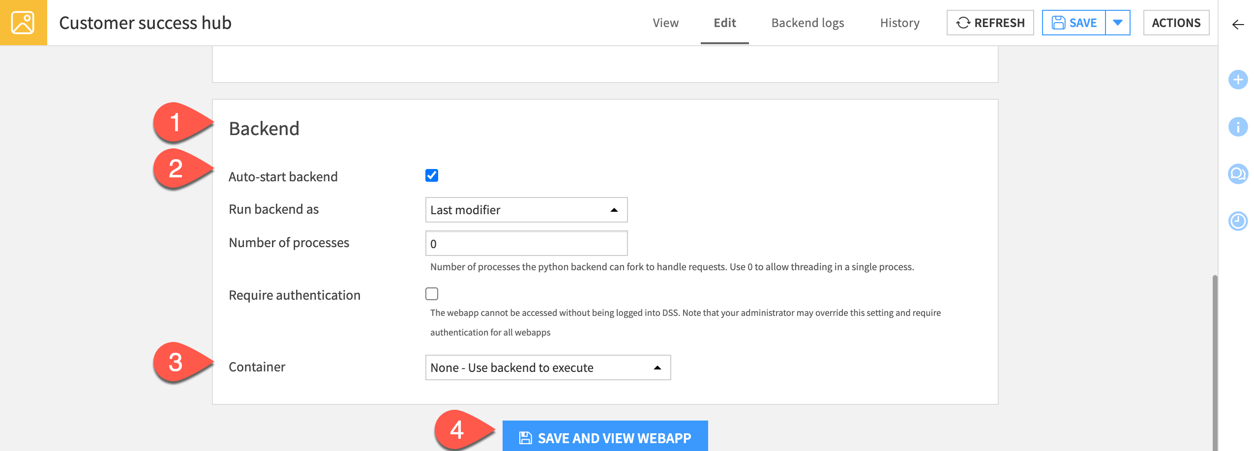 Screenshot showing how to set up backend settings in Agent Hub.