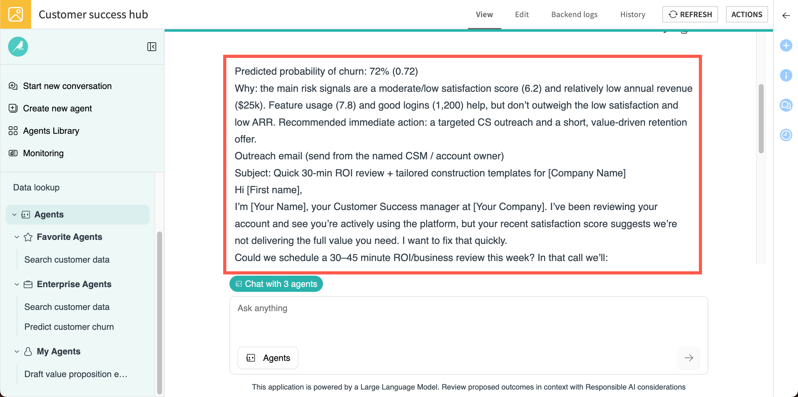 Screenshot showing the response from a chat with all 3 agents.