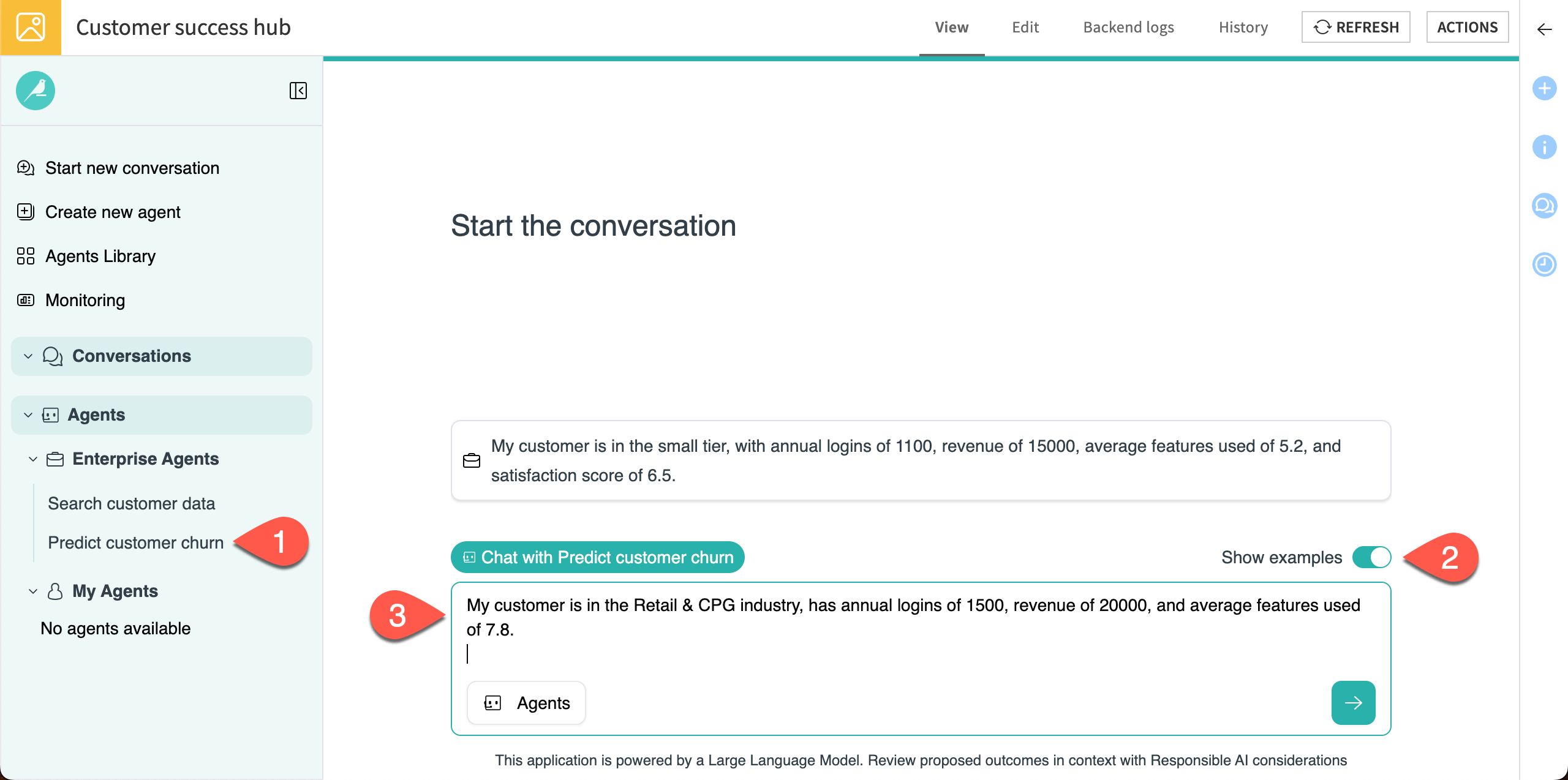 Screenshot showing chat with the churn prediction agent.