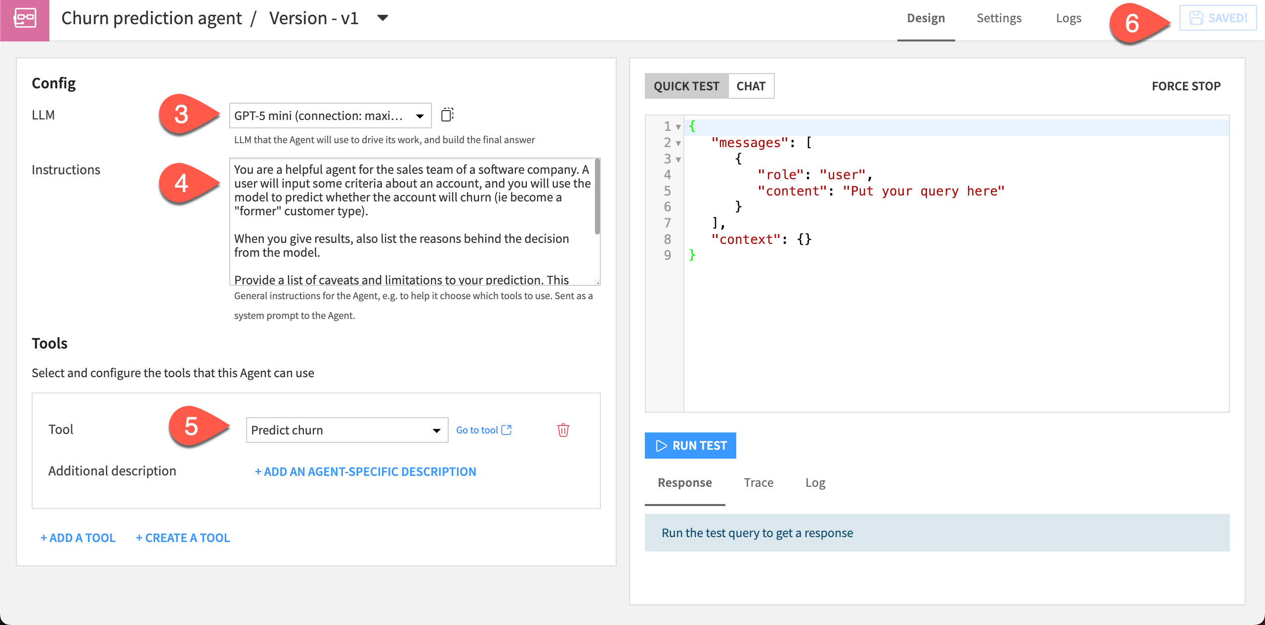 Screenshot showing configuration of the churn prediction agent.