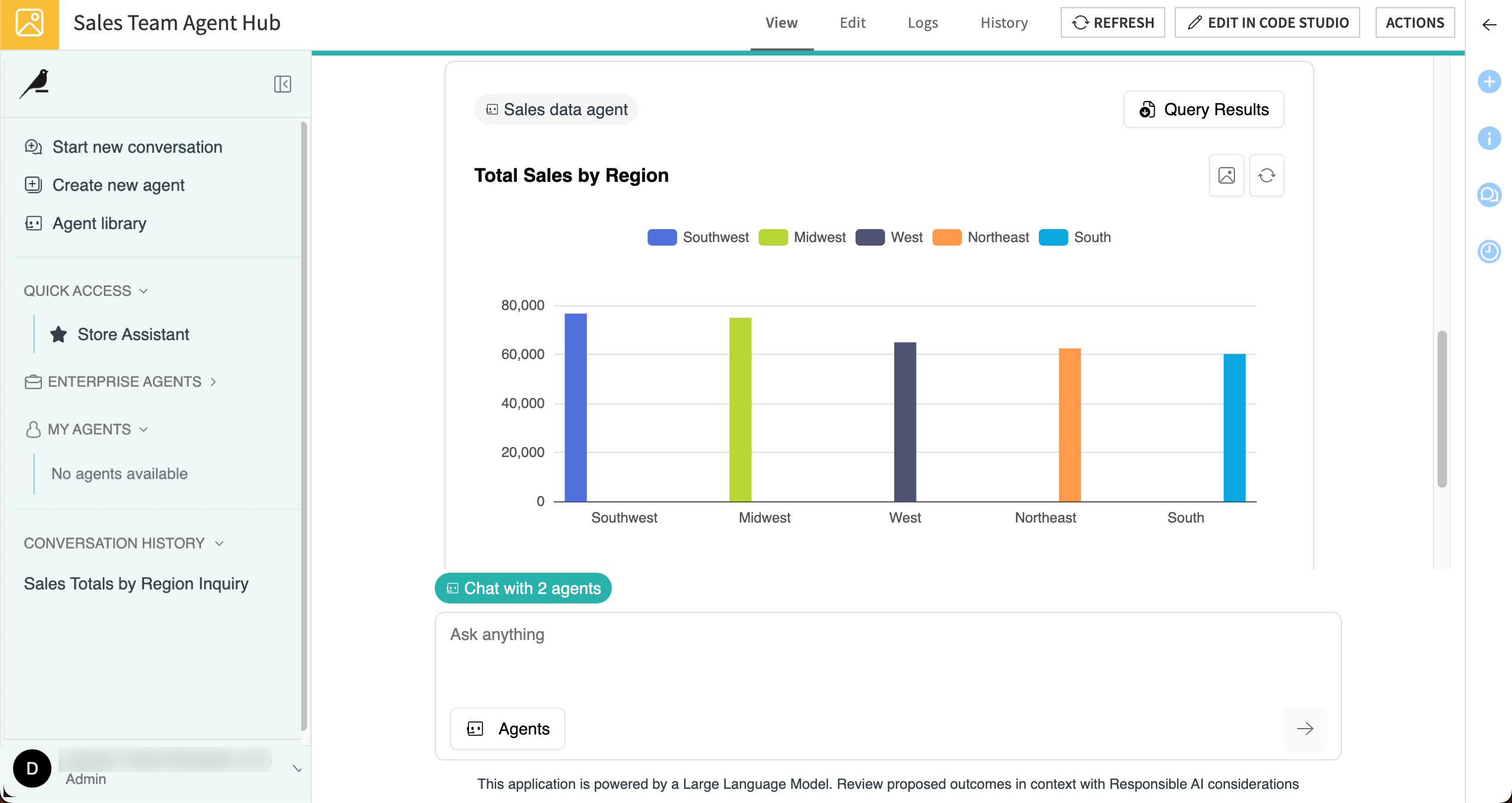 Agent Hub can create charts within agent conversations.