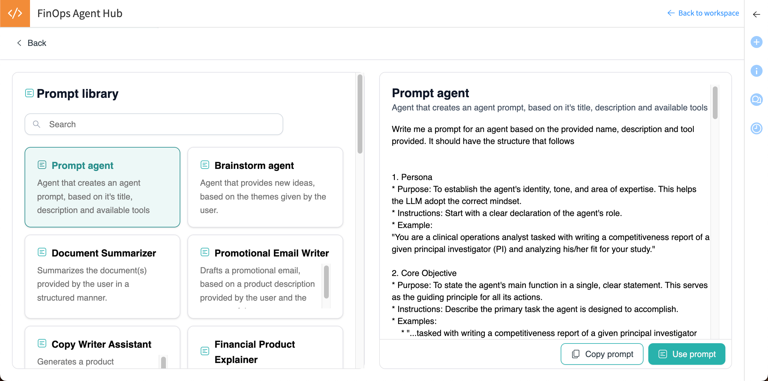 The prompt library provides templates for industry-specific agents.