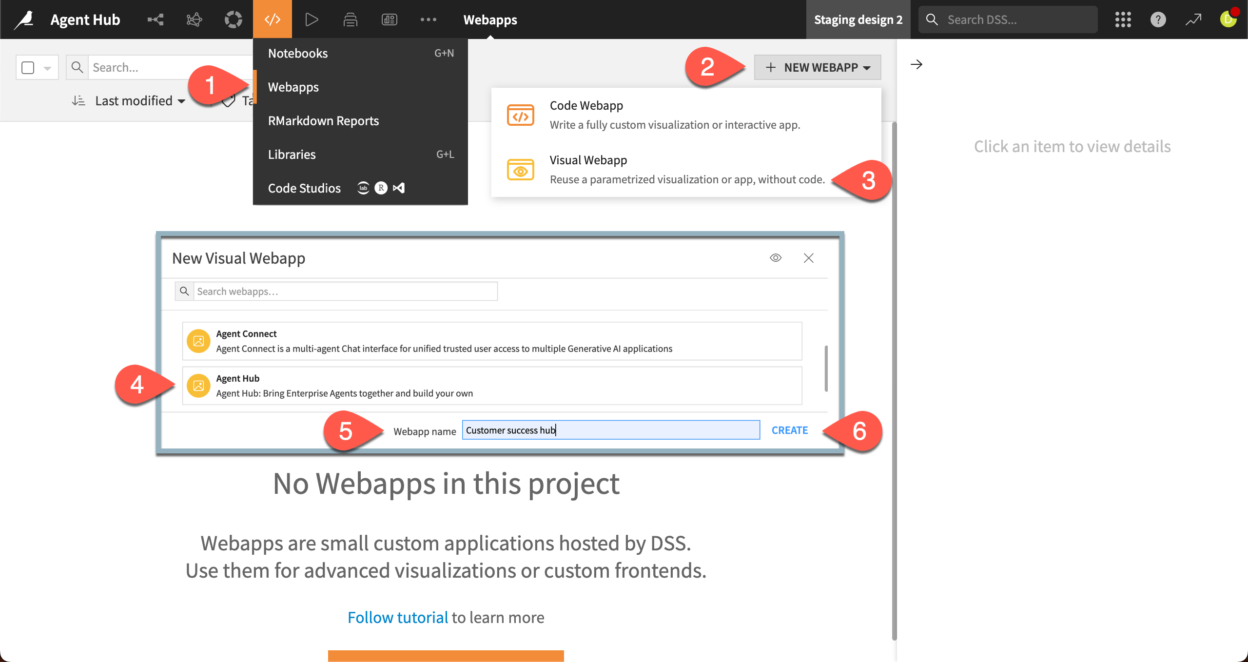 Screenshot showing how to create an Agent Hub webapp.