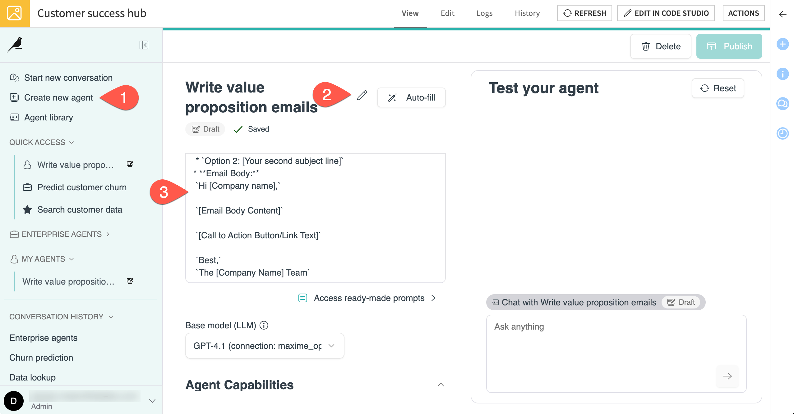 Screenshot showing steps to create a new My Agent.