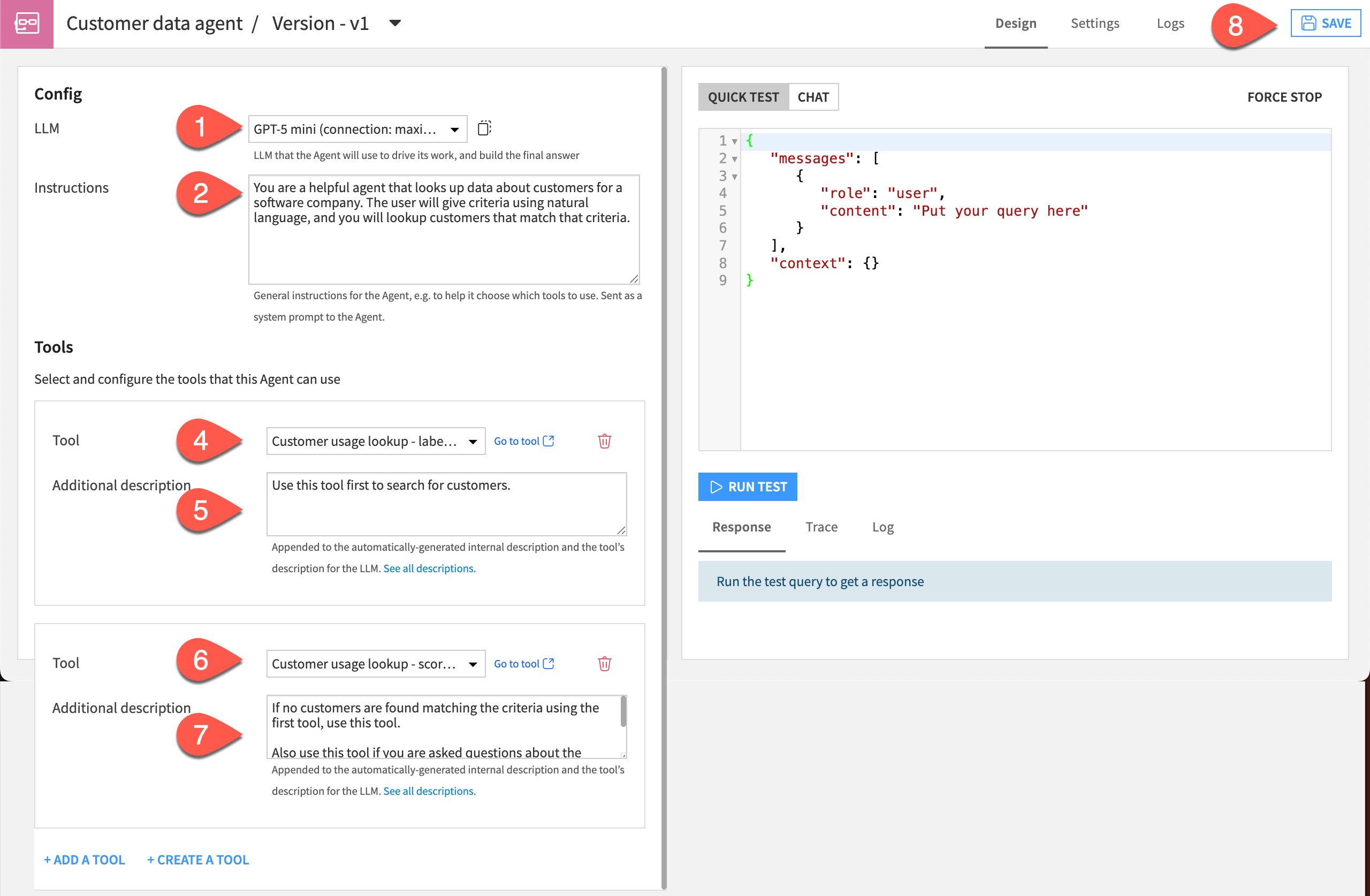 Screenshot showing configuration of the customer data agent.
