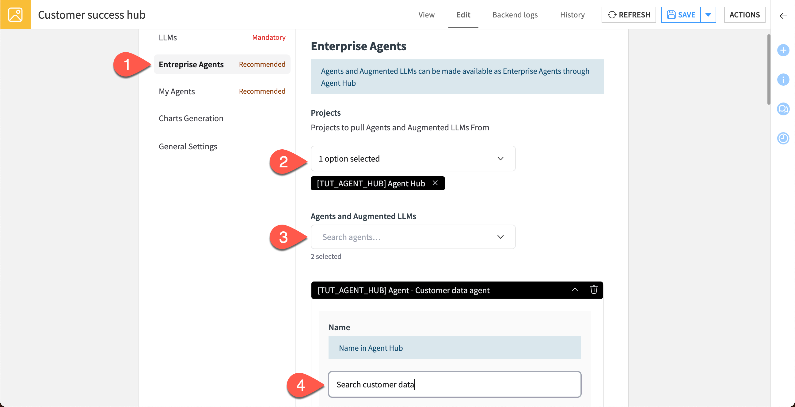 Screenshot showing how to set up enterprise agent connections in Agent Hub.