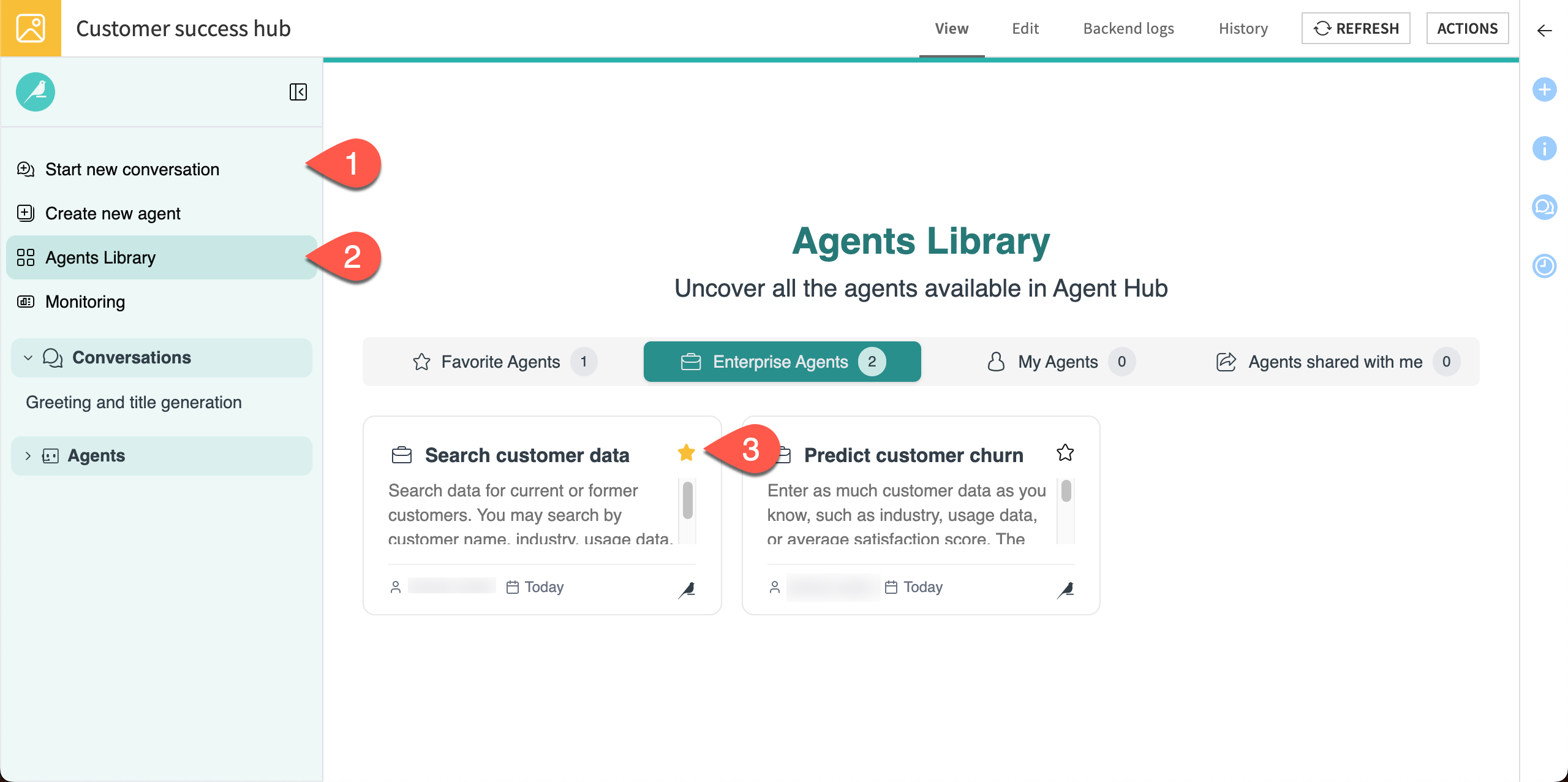 Screenshot showing the Agents Library.