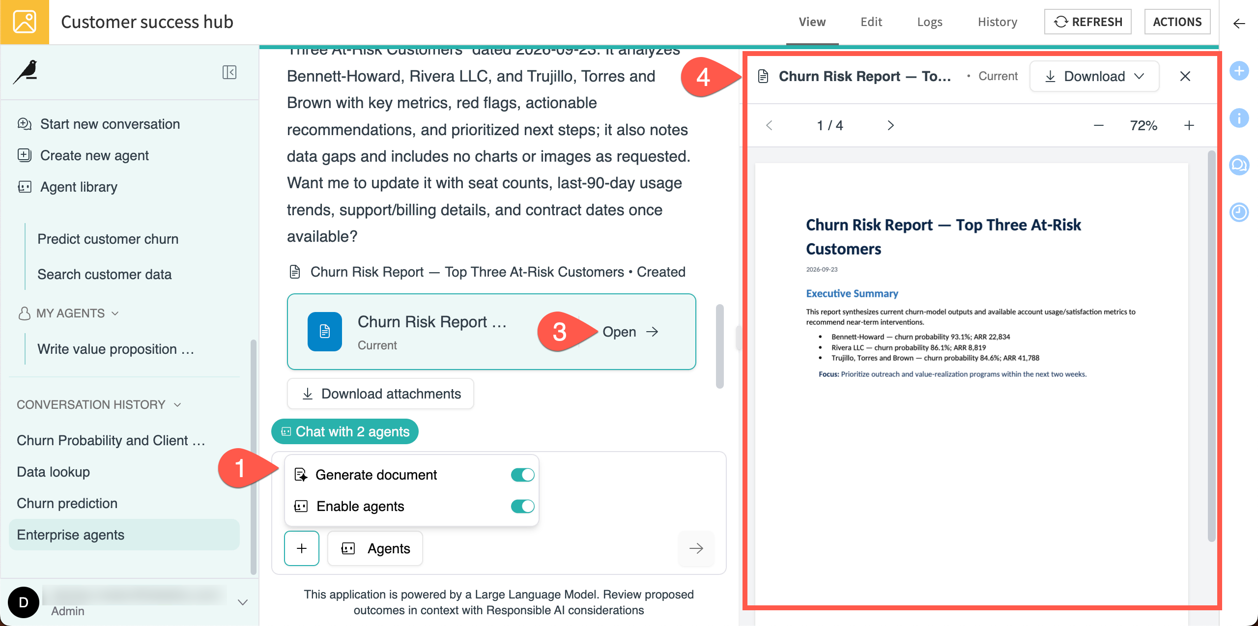 Screenshot showing how to generate a document in Agent Hub.