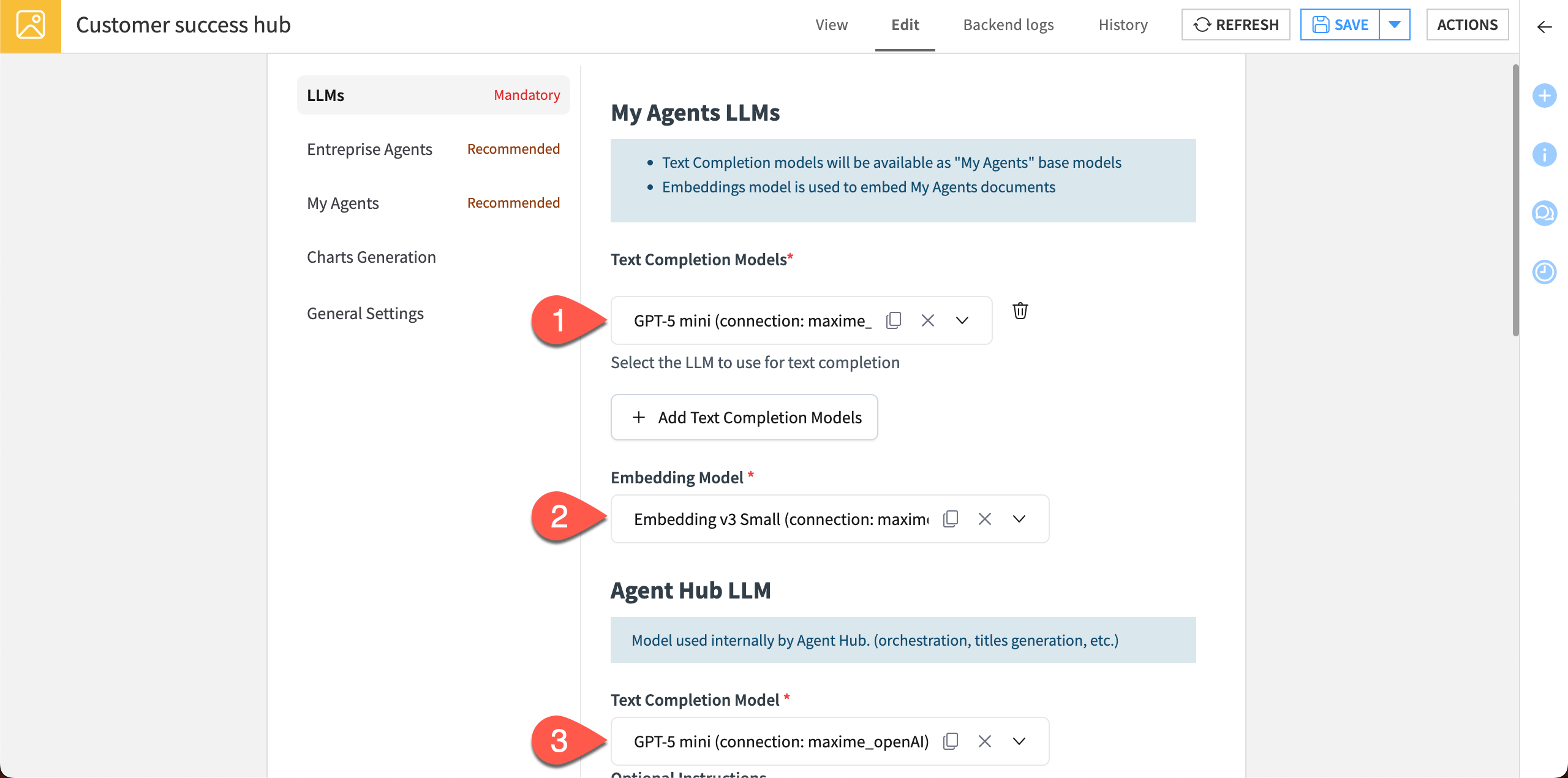 Screenshot showing how to set up LLM connections in Agent Hub.