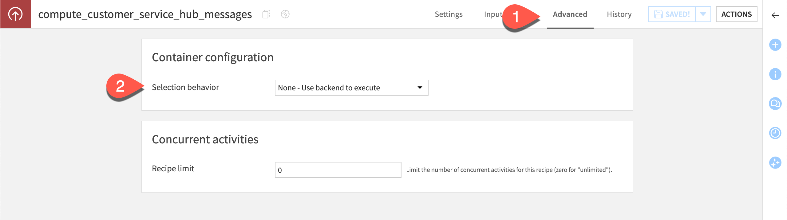 Screenshot showing the steps to change the recipe's container configuration.
