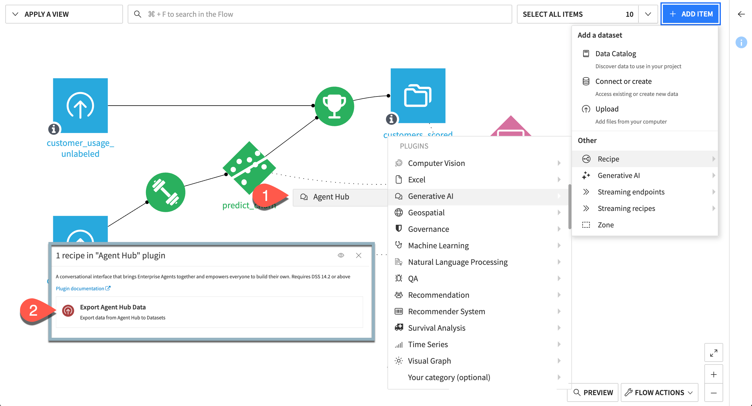 Screenshot showing the steps to create an Export Agent Hub Data recipe.