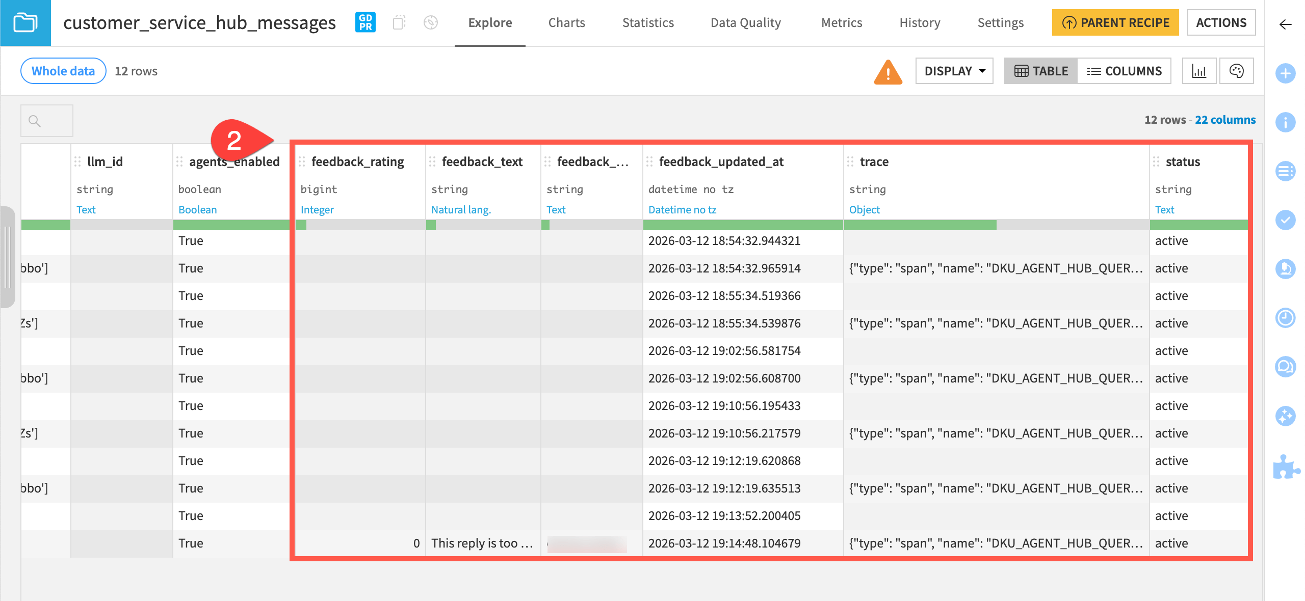 Screenshot showing the Agent Hub messages dataset.