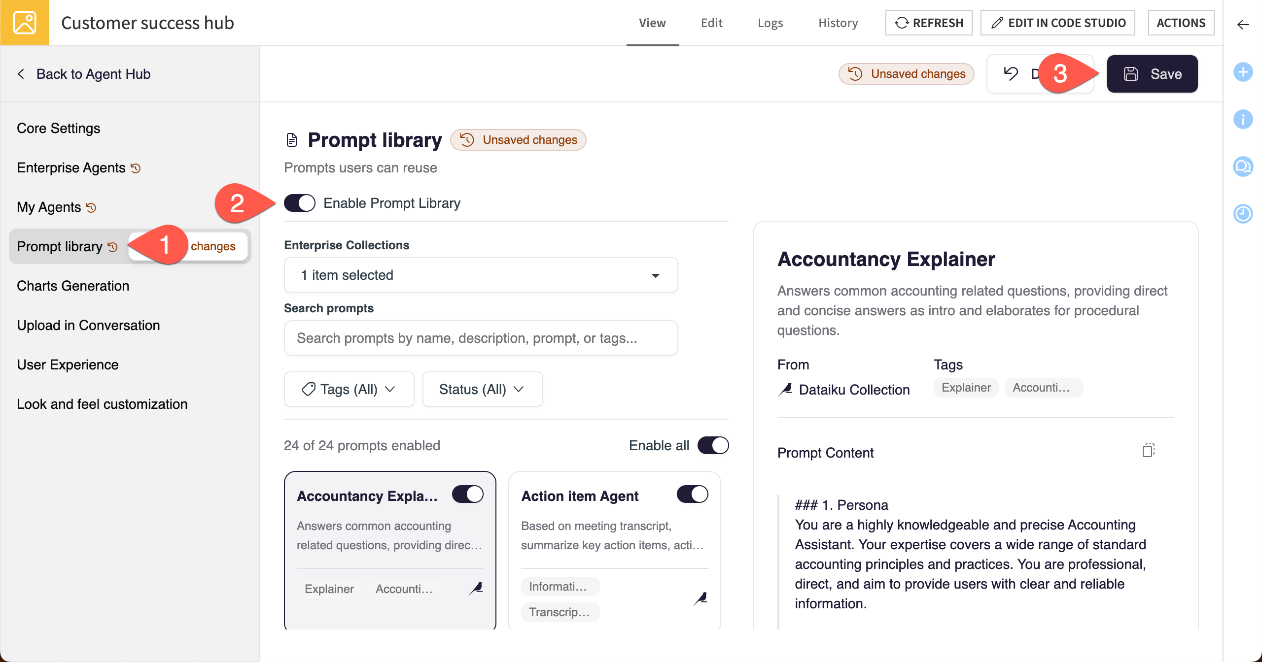 Screenshot showing how to set up Prompt library settings in Agent Hub.