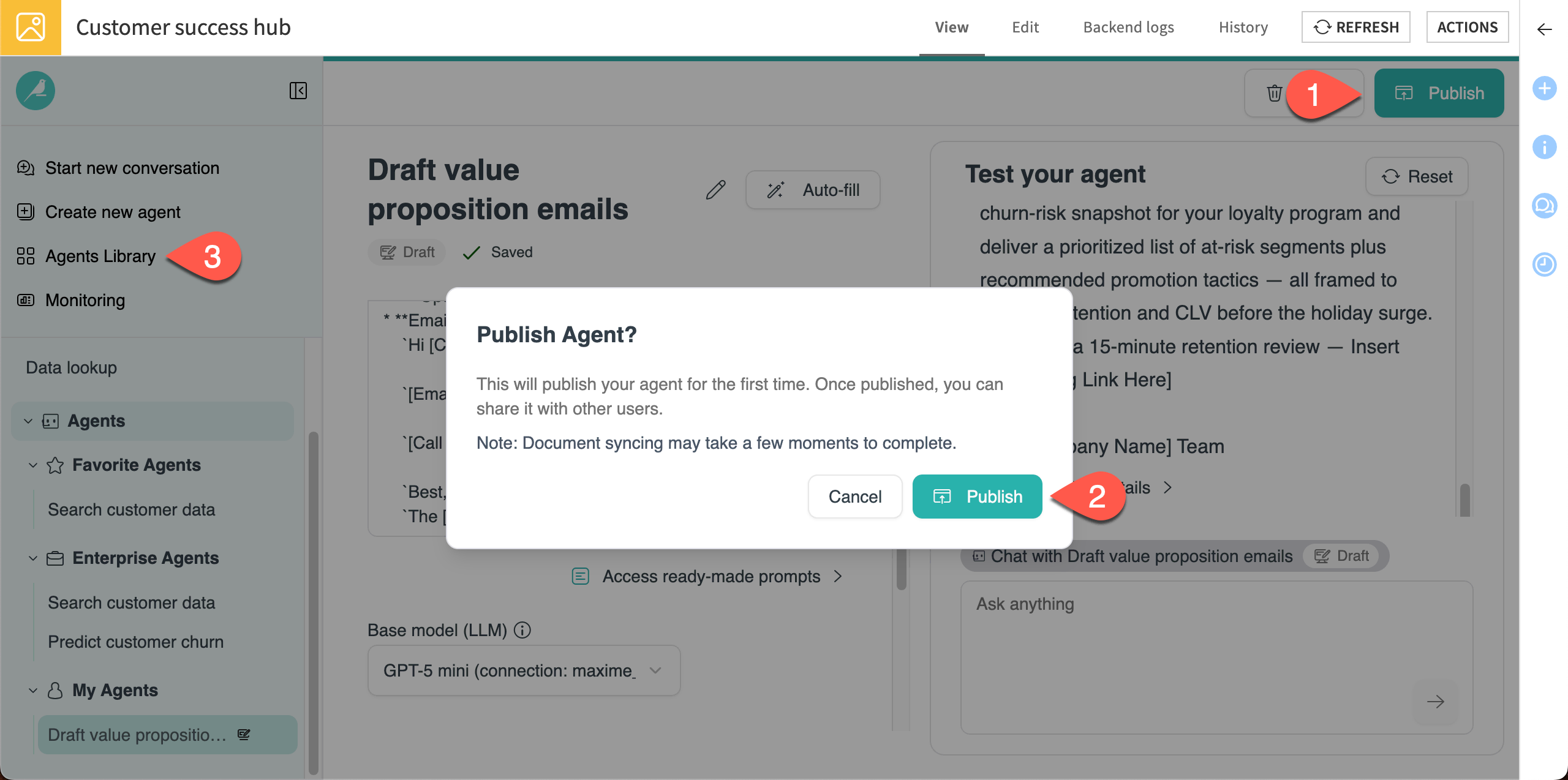 Screenshot showing how to publish the My Agent.