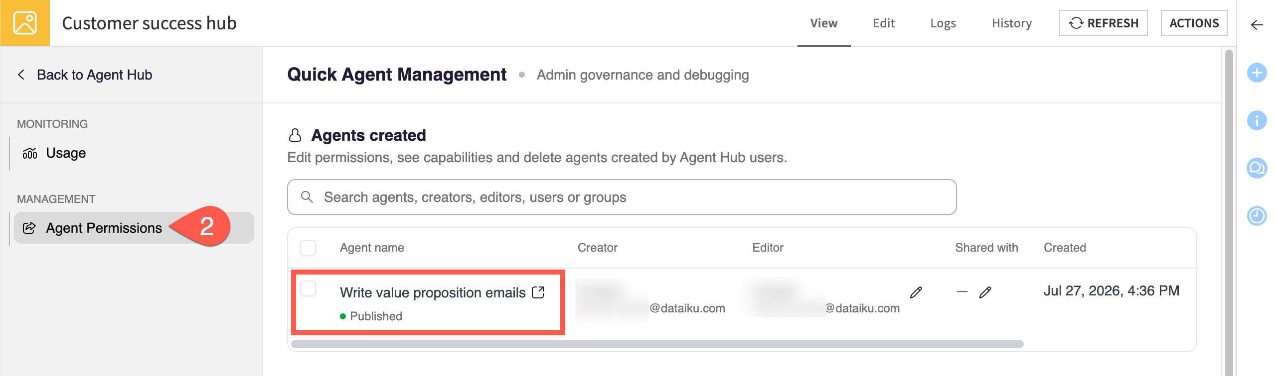 Screenshot showing the Quick Agent Management dashboard in Agent Hub.