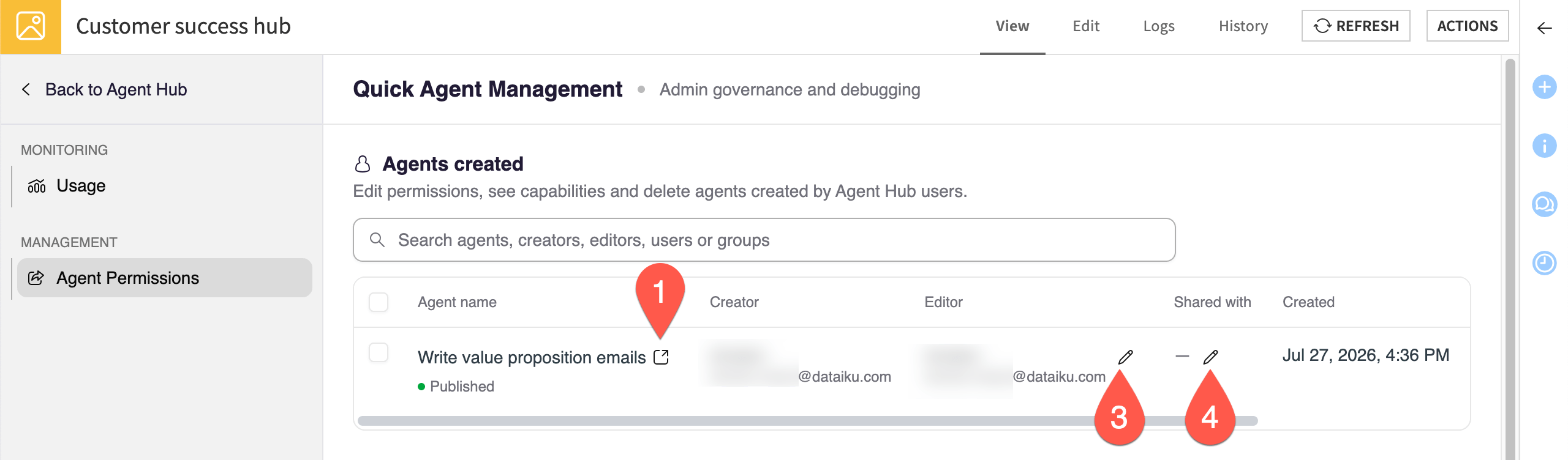 Screenshot showing how to changes settings on the Quick Agent Management dashboard in Agent Hub.
