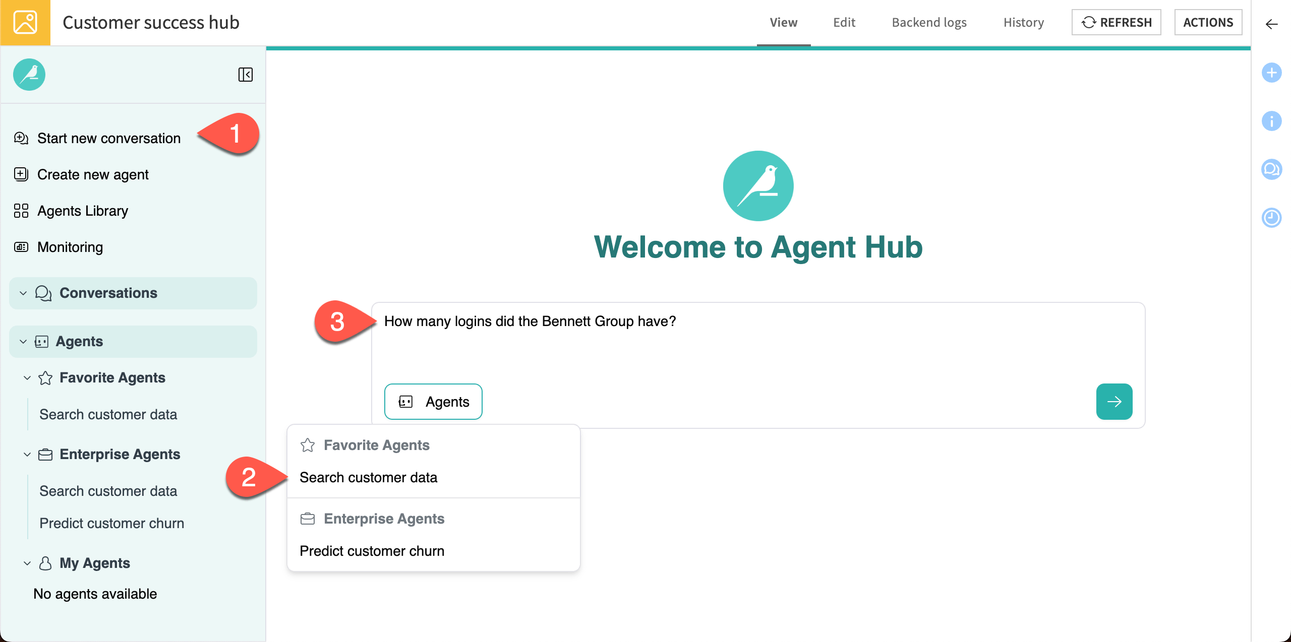 Screenshot showing a chat with the Search customer data agent.