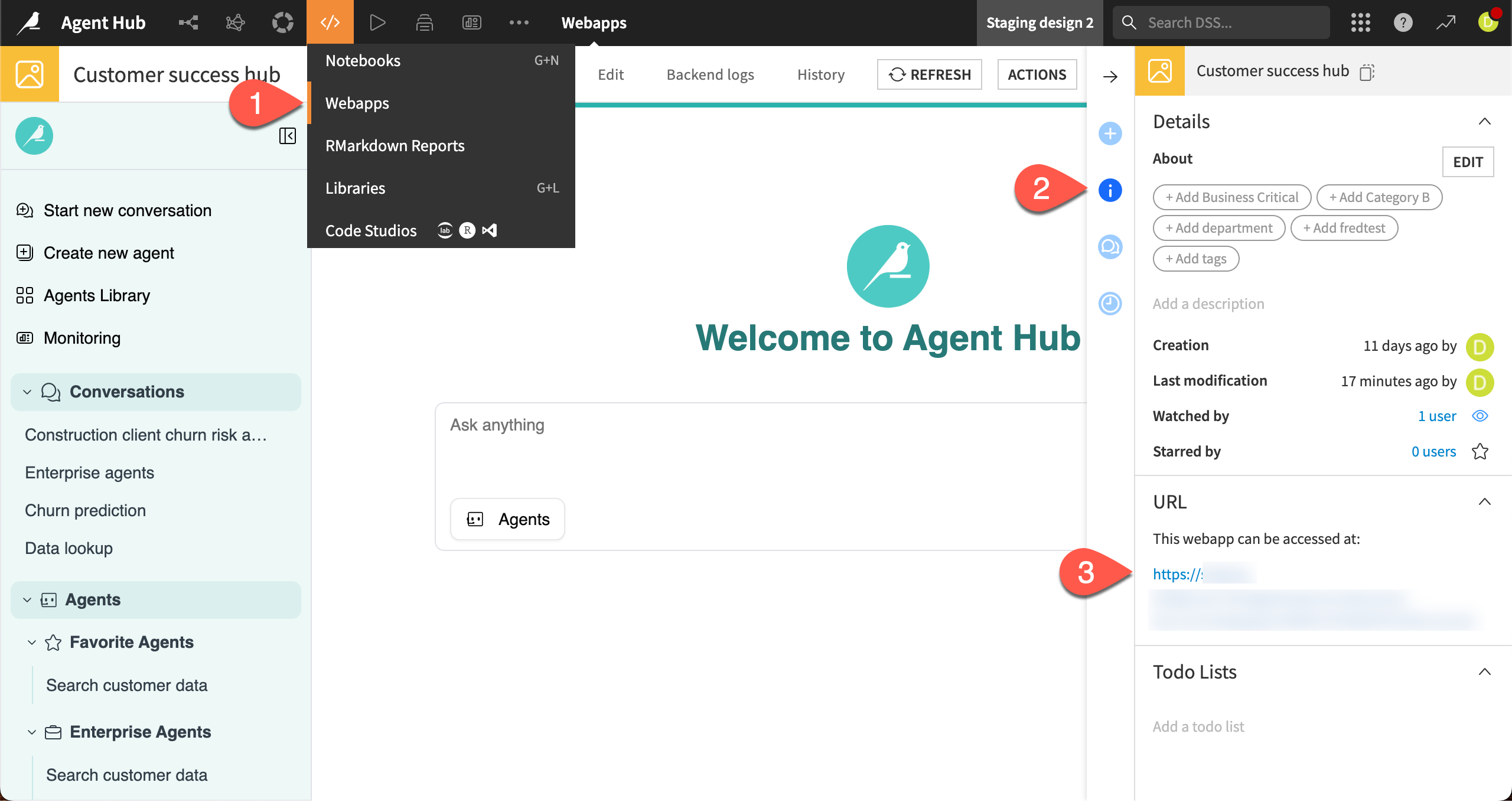 Screenshot showing how to share the URL of an agent hub.