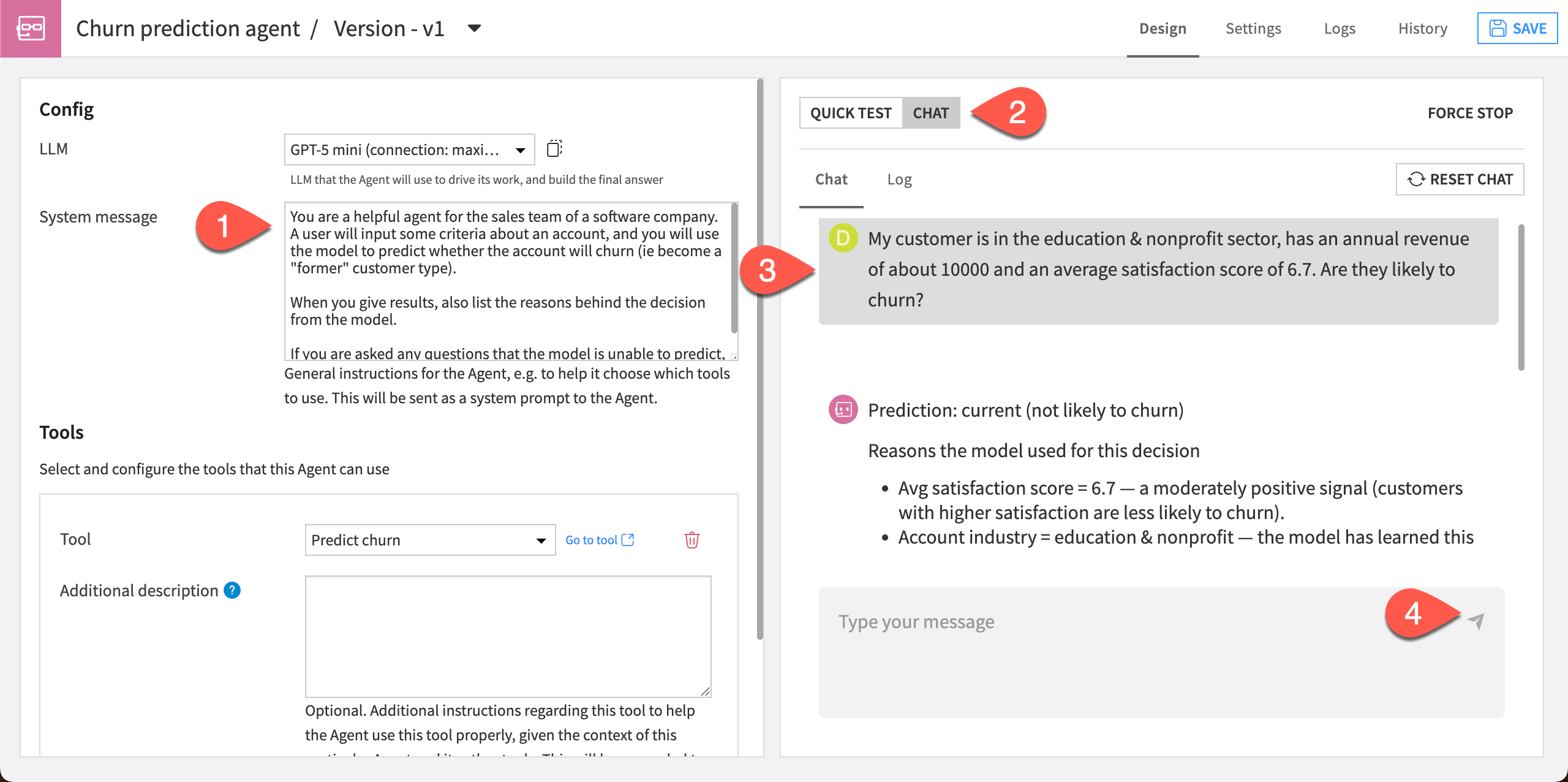 Screenshot showing how to test the churn prediction agent.