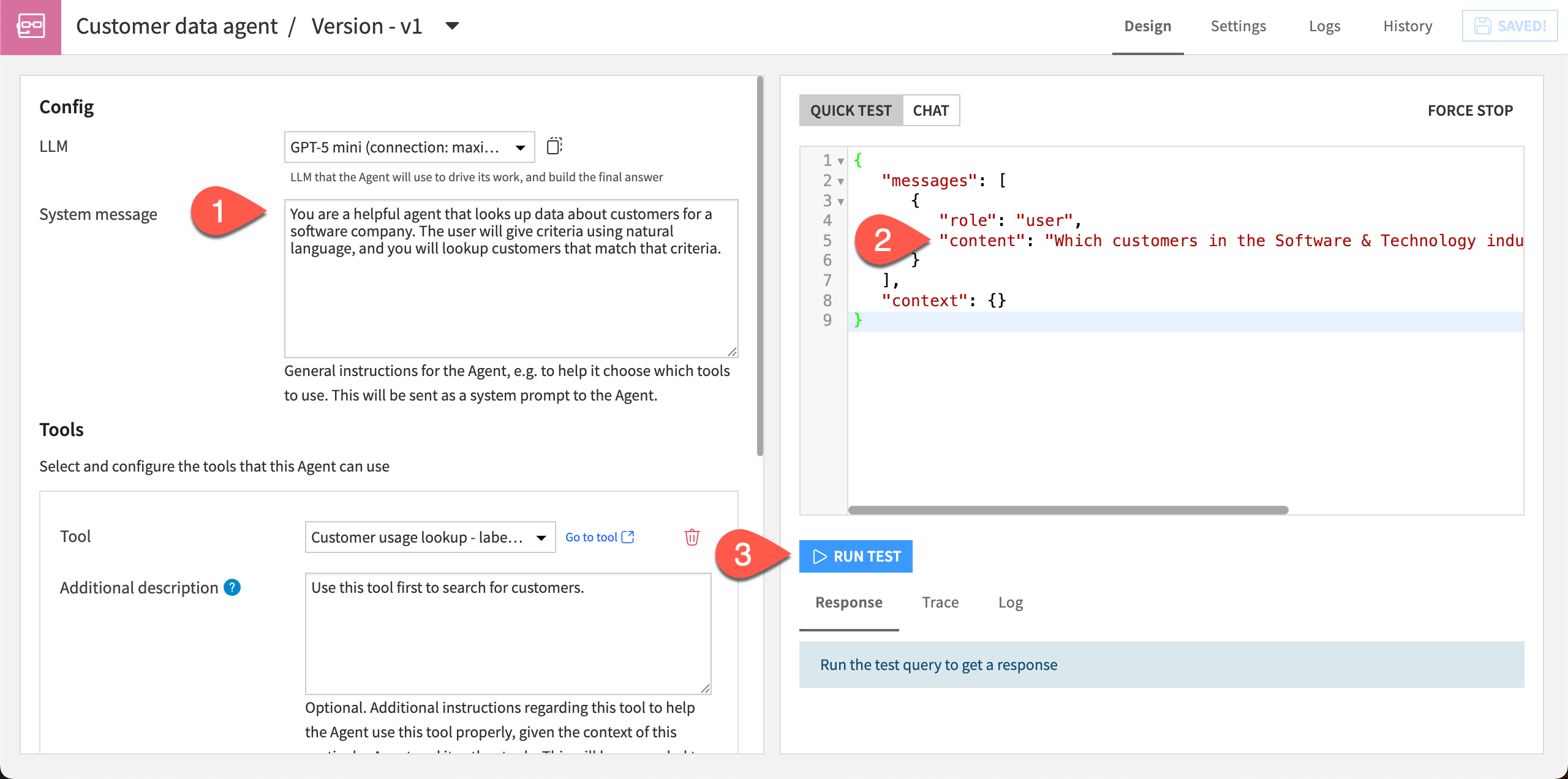 Screenshot showing how to test the customer data agent.