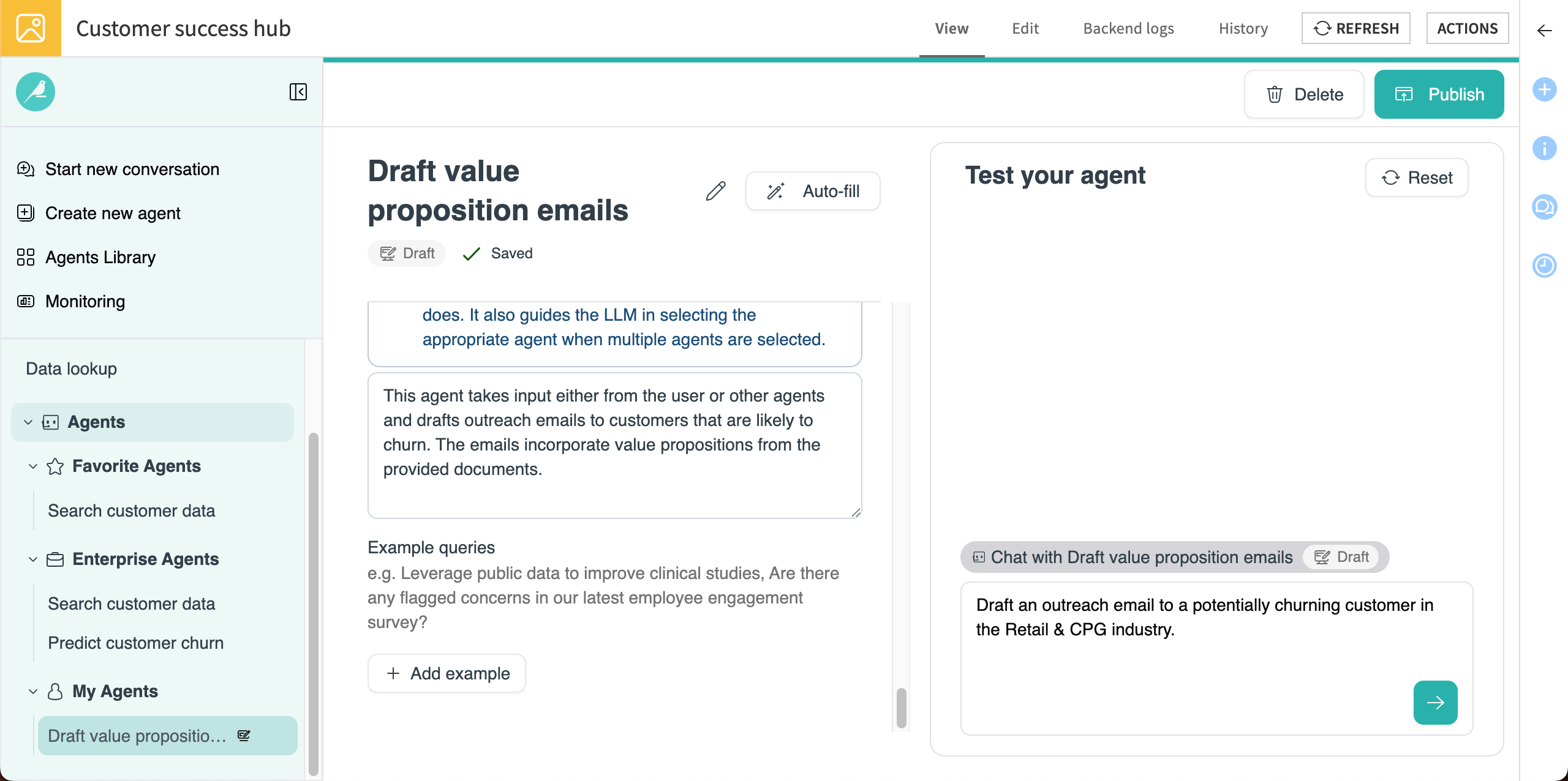 Screenshot showing how to test the My Agent.