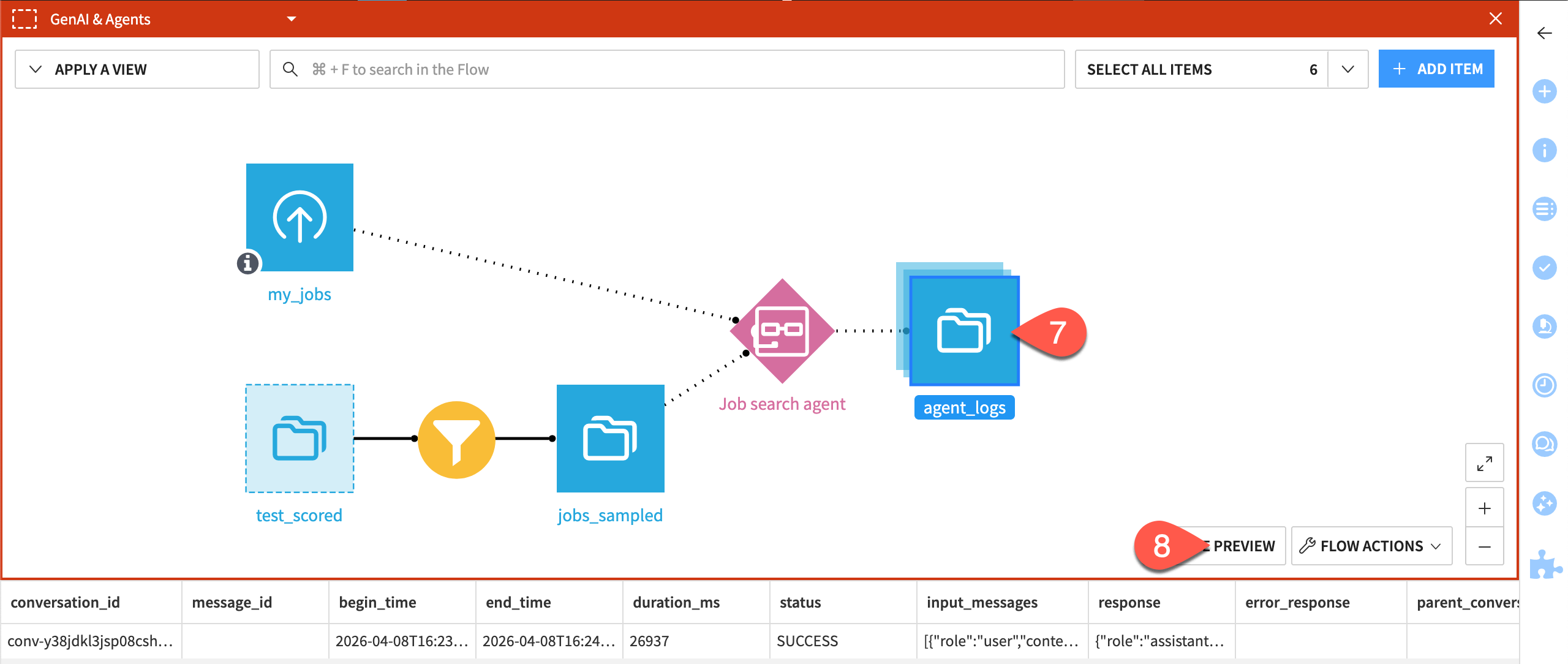 Dataiku screenshot of an agent logging dataset in the Flow.