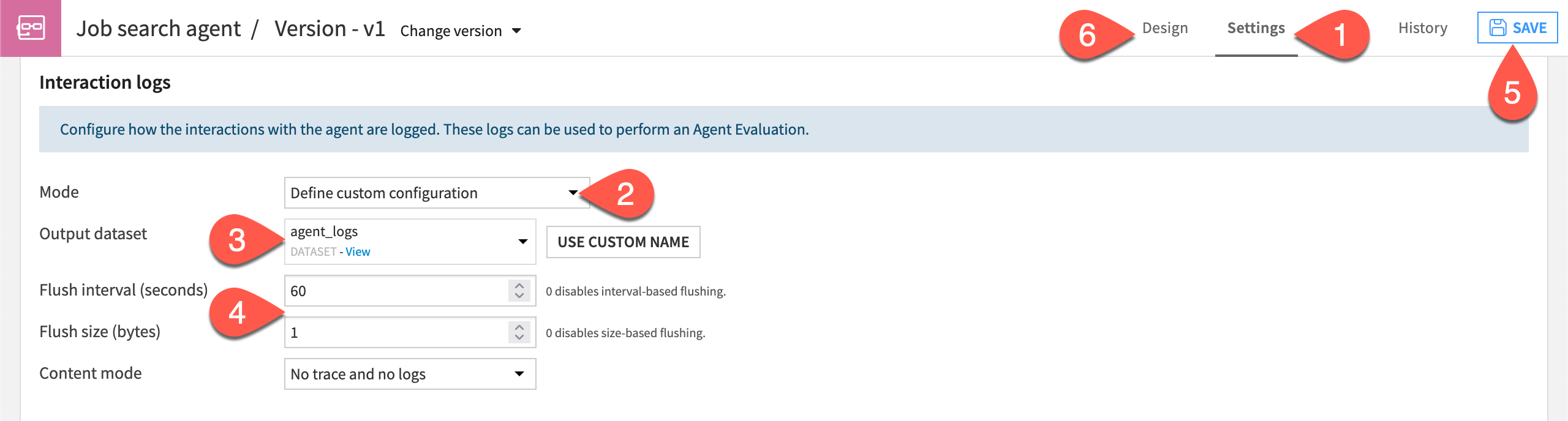 Dataiku screenshot of agent log settings.