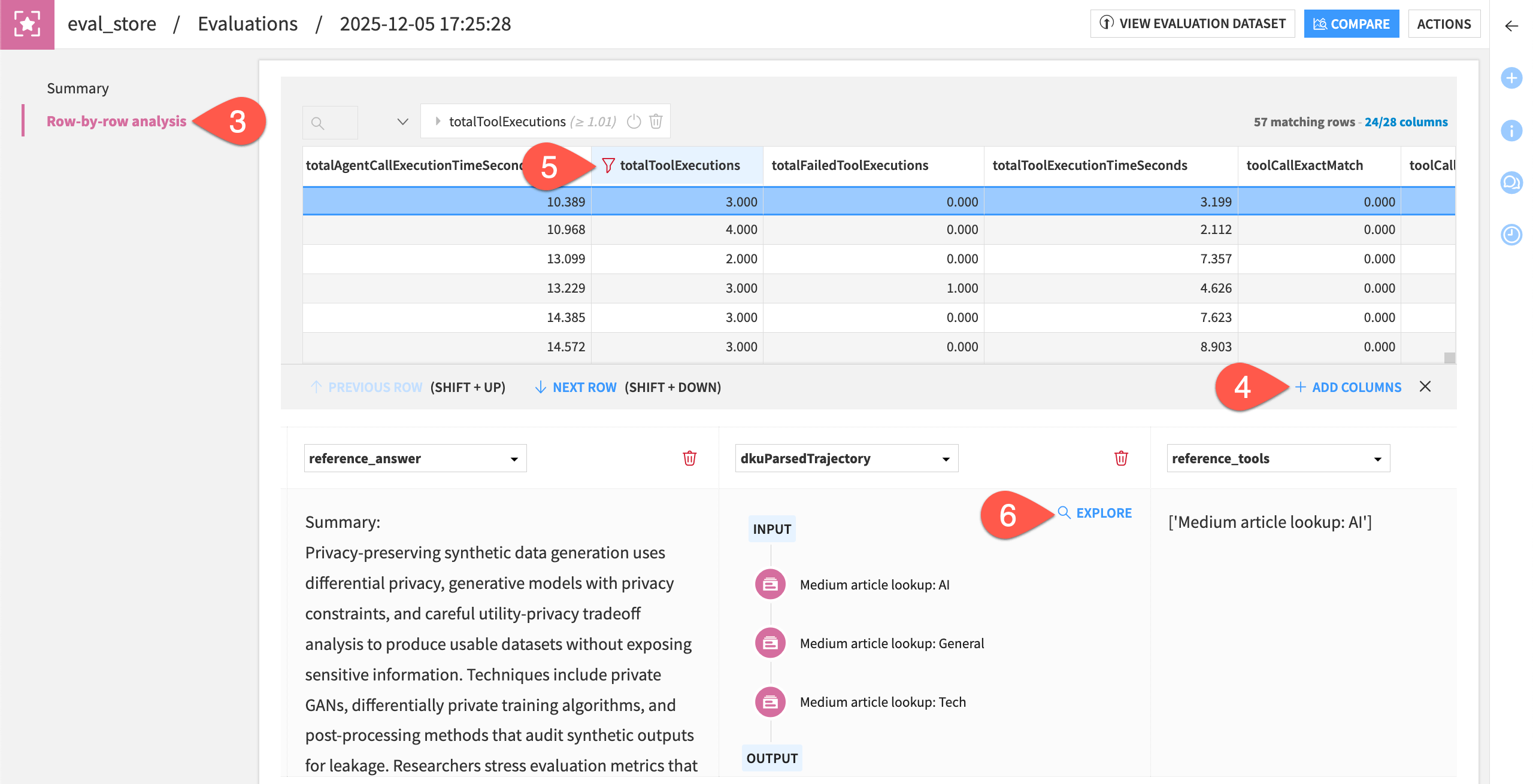 Dataiku screenshot of row by row analysis of an agent evaluation.