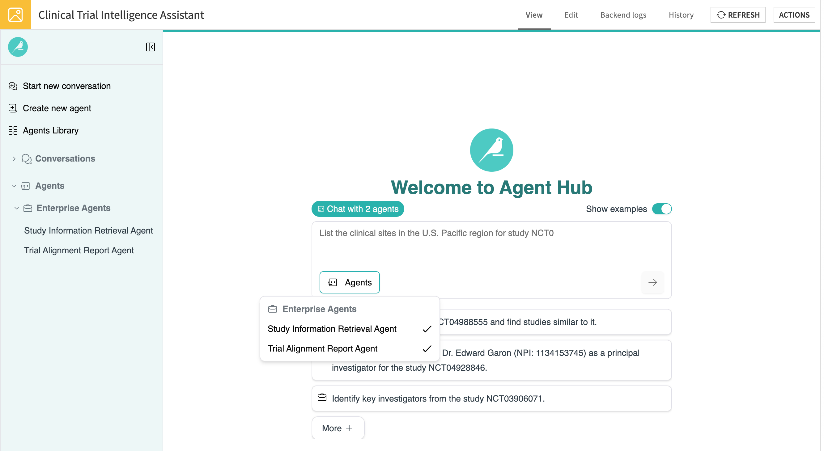 Dataiku screenshot of agent hub conversation.