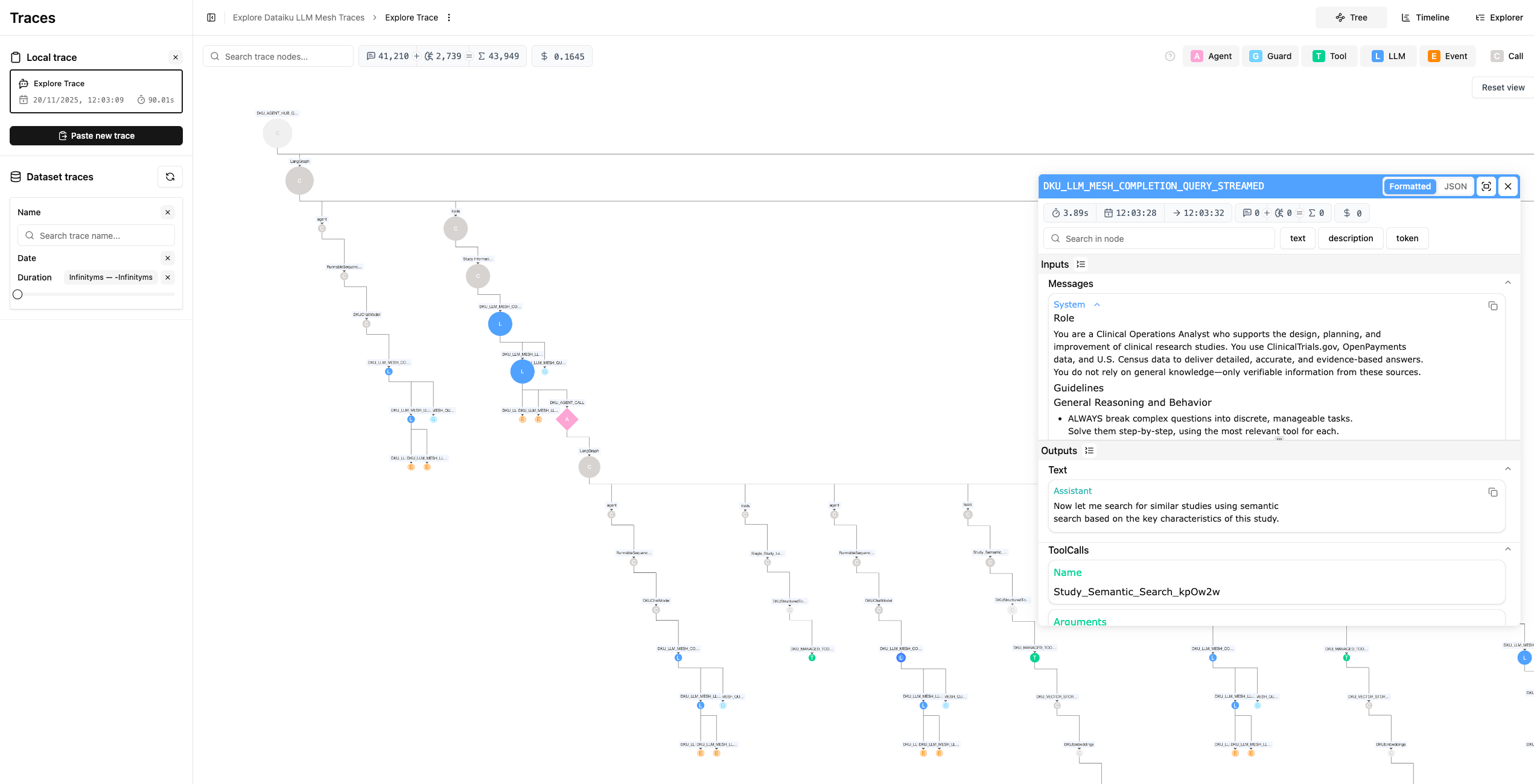 Dataiku screenshot of agent hub trace