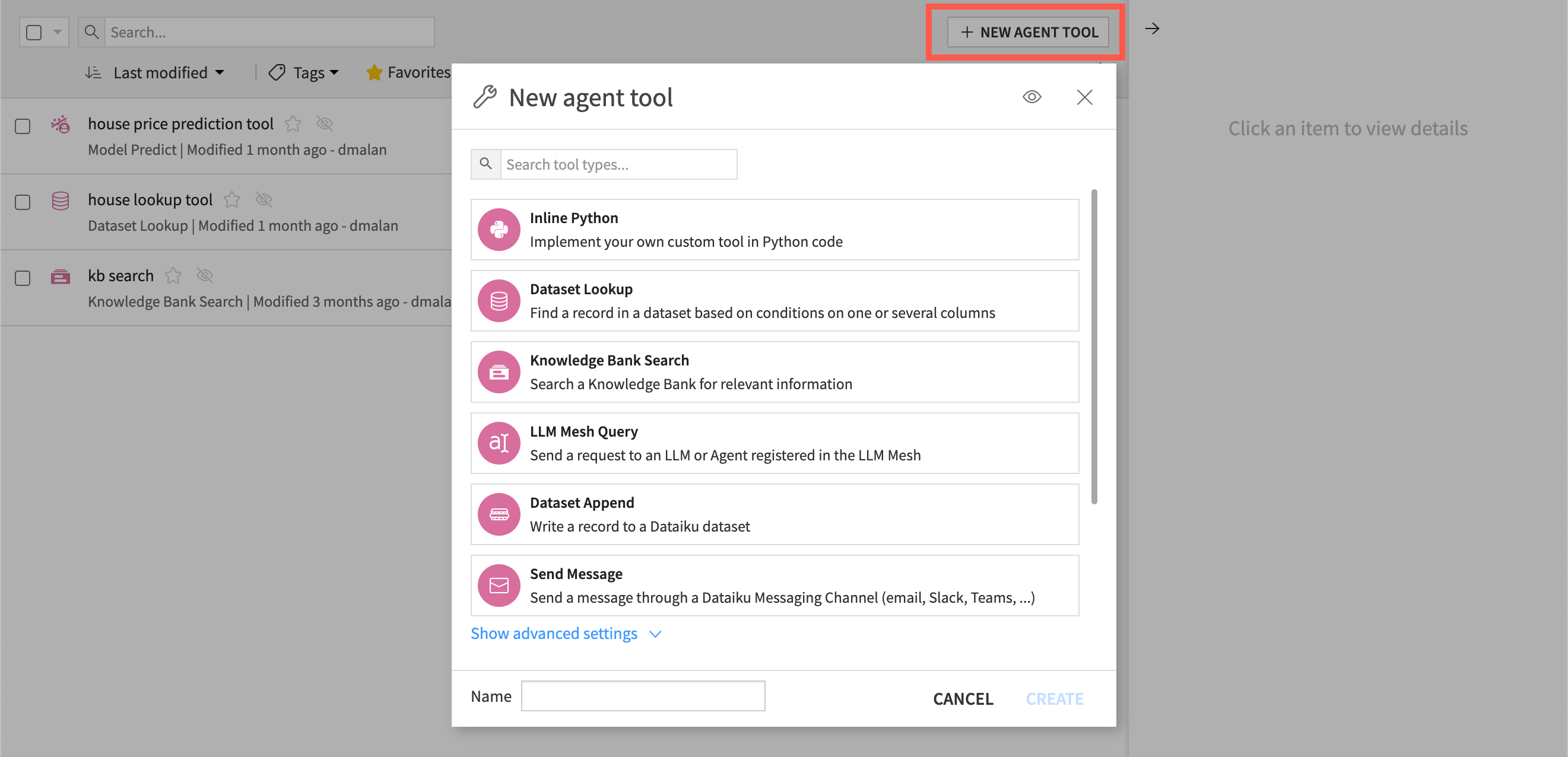 Dataiku screenshot showing options when building agent tools.