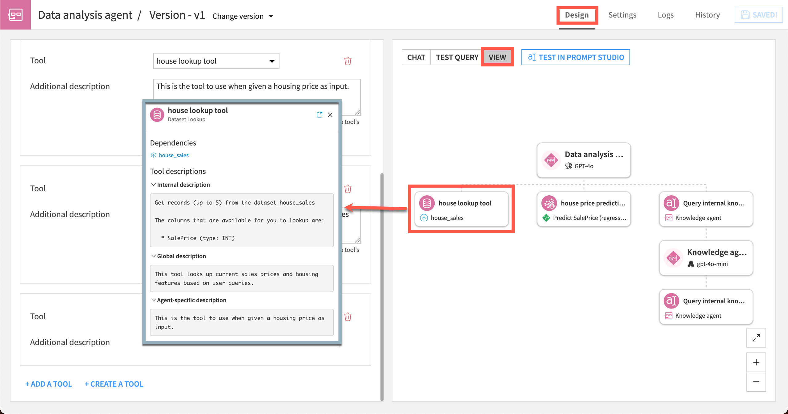 Dataiku screenshot showing an agent diagram view.
