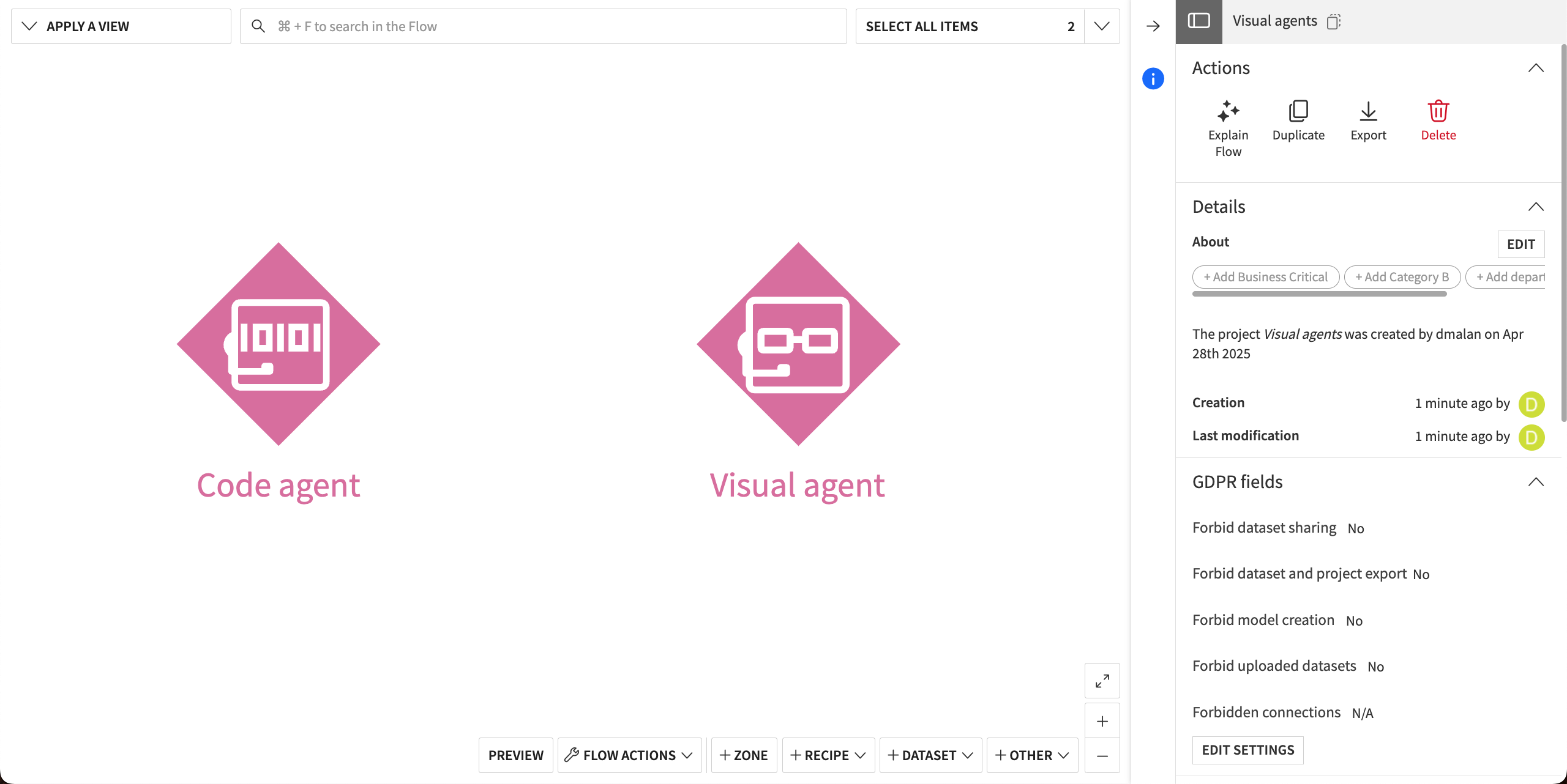 Screenshot showing visual and code agents in the Flow.