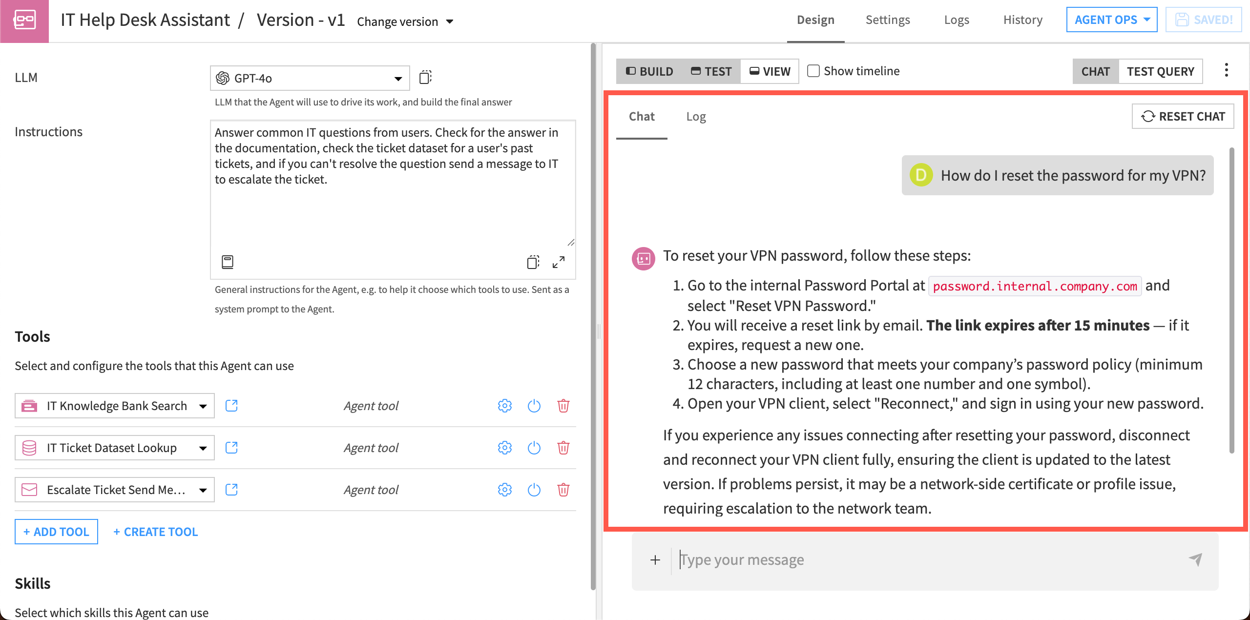 Screenshot showing a chat with the IT help desk assistant agent.