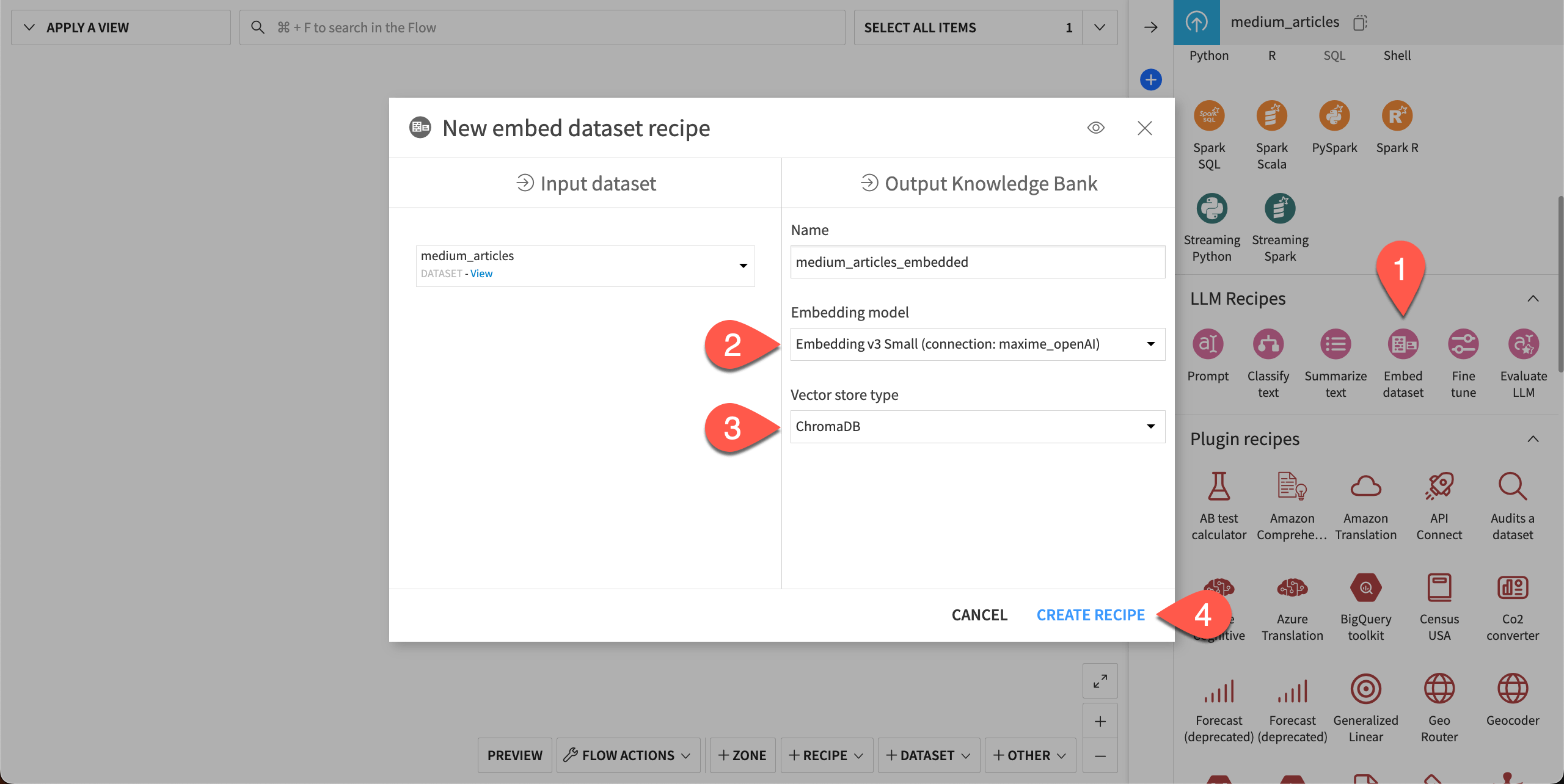 Screenshot showing the steps to set up an Embed dataset recipe.