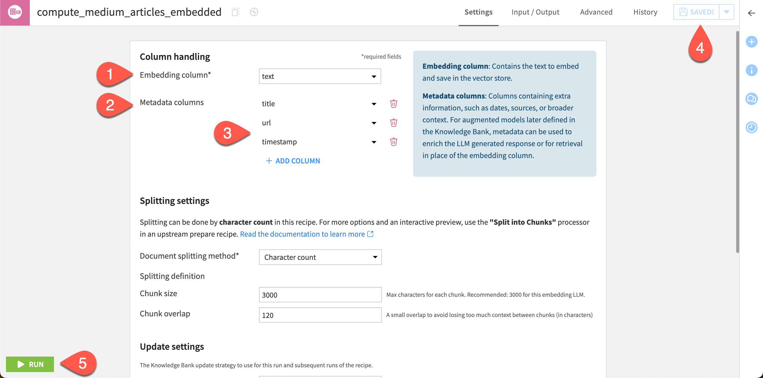 Screenshot showing the settings of the Embed dataset recipe.