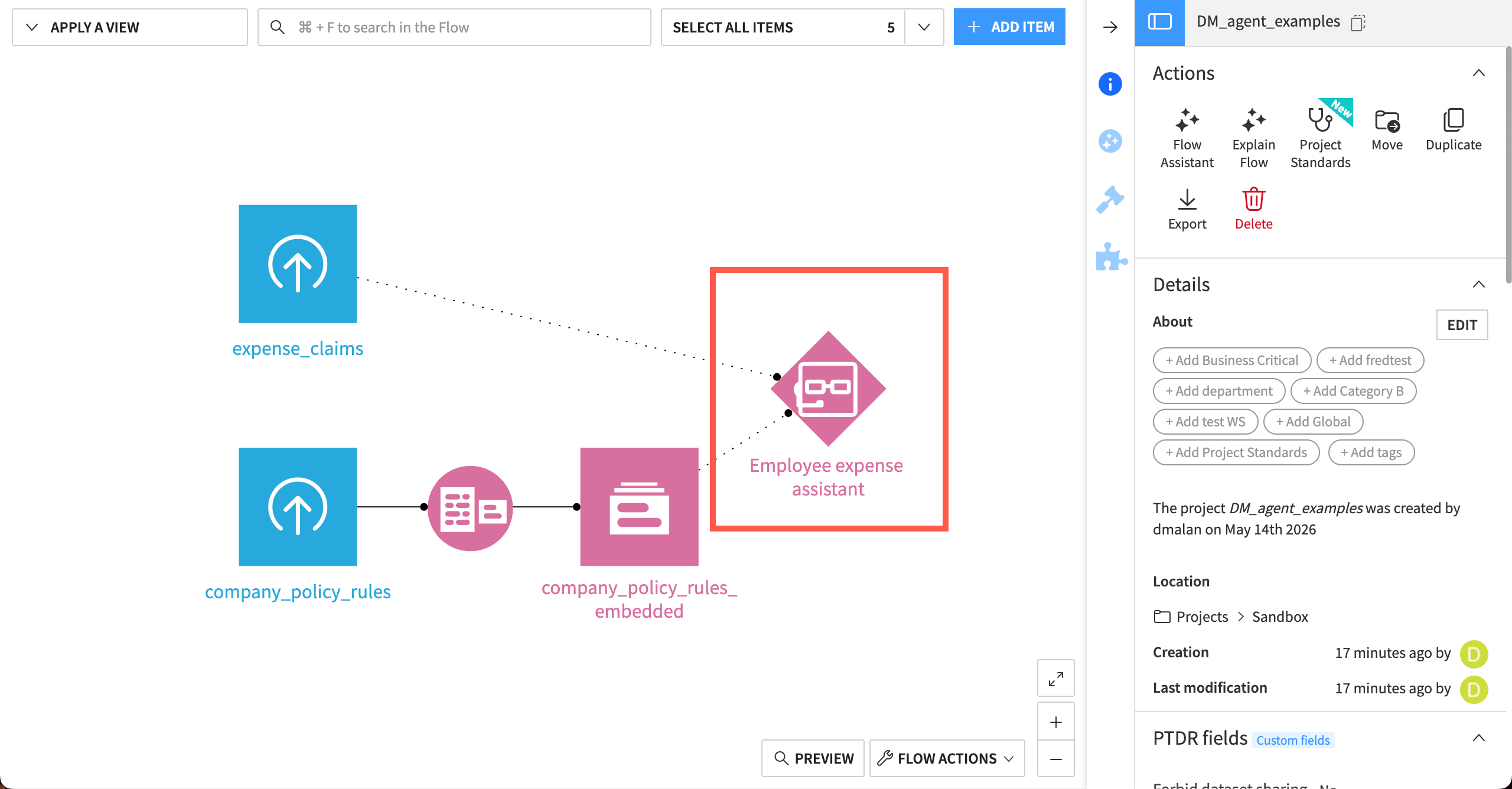Dataiku screenshot of an example Flow containing an agent.