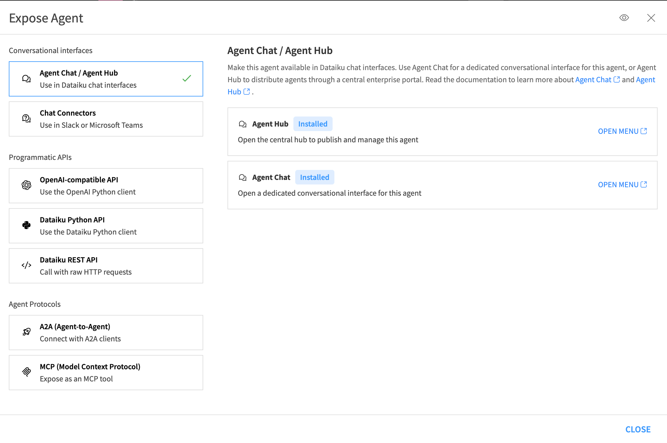 Dataiku screenshot of the Expose Agent window.