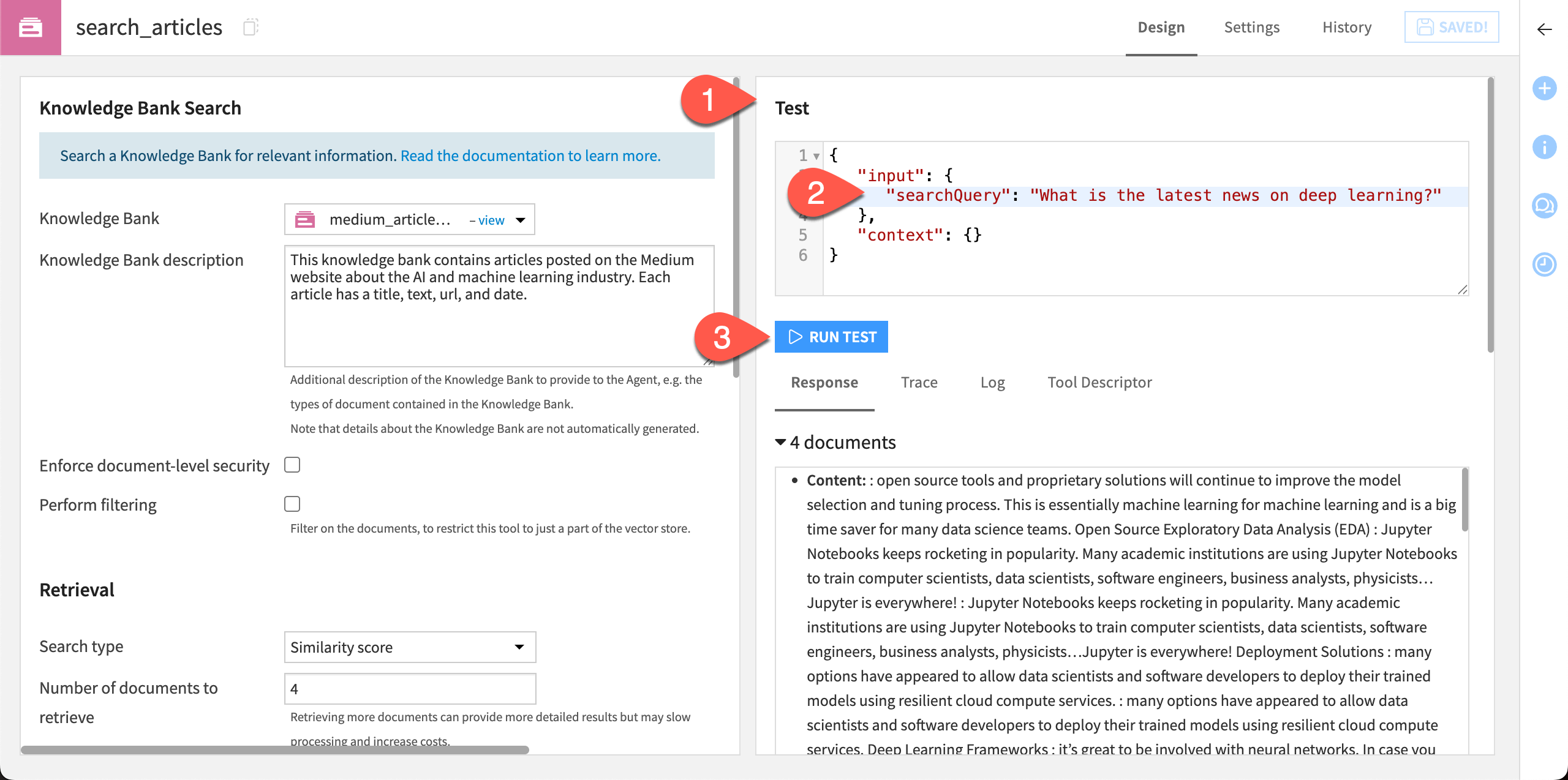 Steps to test the articles search tool.