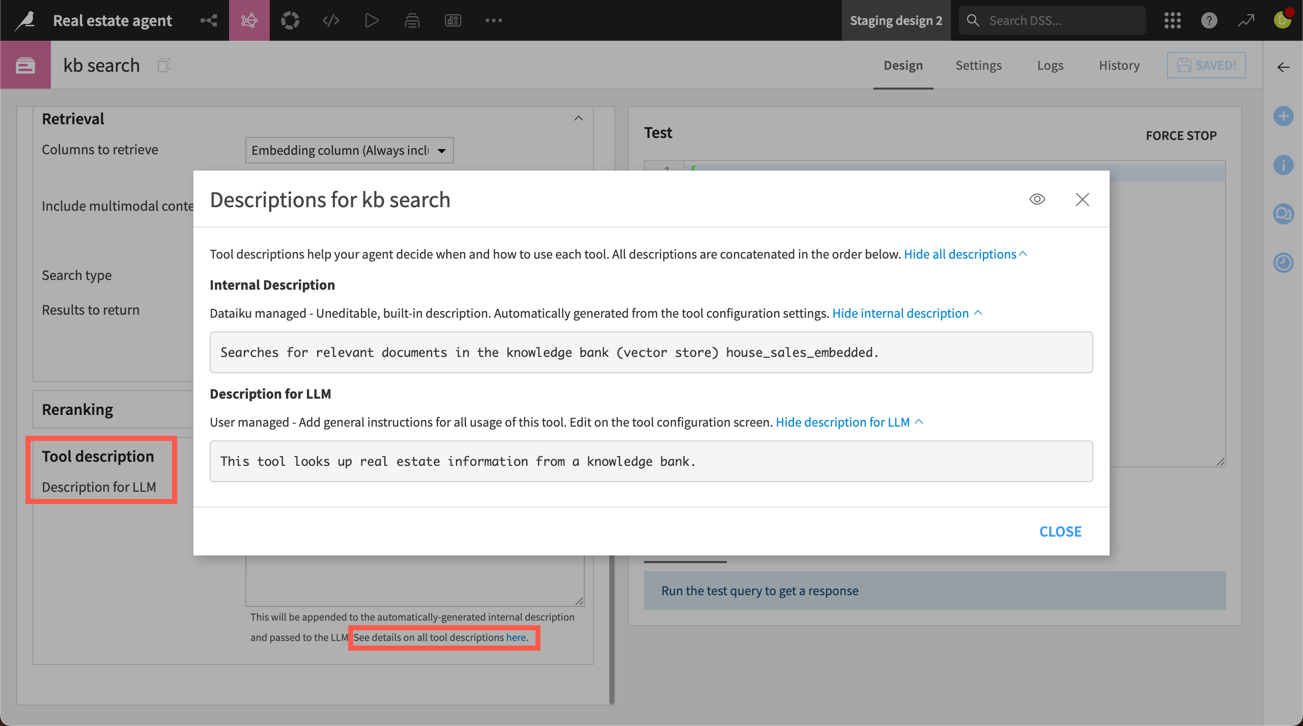Dataiku screenshot of the tool descriptions.