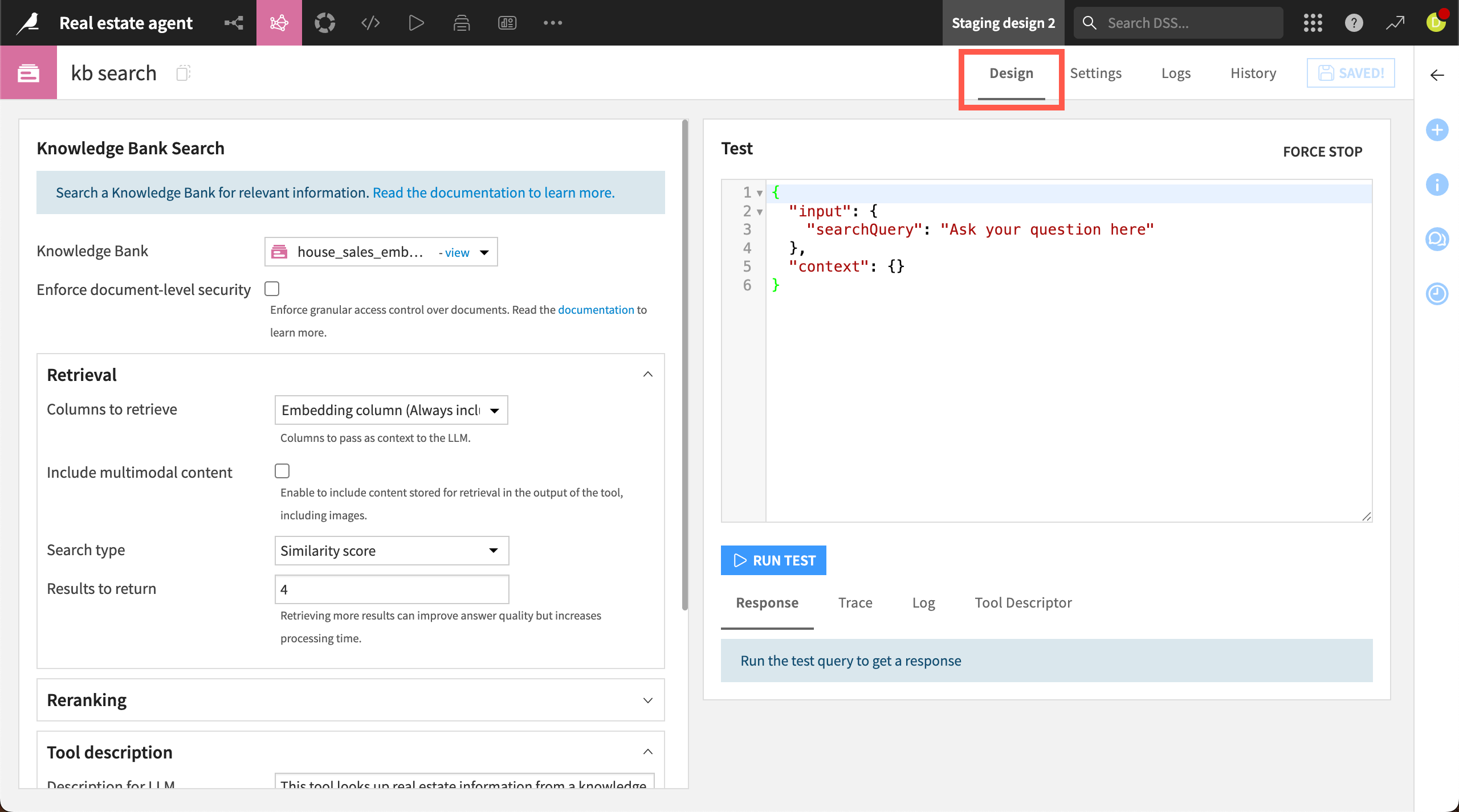 Dataiku screenshot of the Design tab of an agent tool.